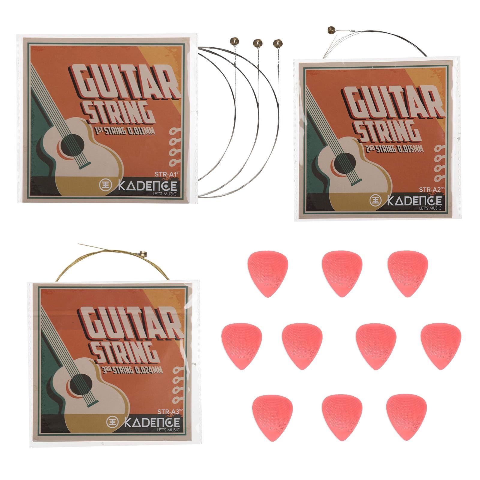 Kadence Guitar Strings and 10 picks Combo - First E string X 3nos, Second BStringX 1nos, Thrid G String X 1nos and 10 Anti slip 
