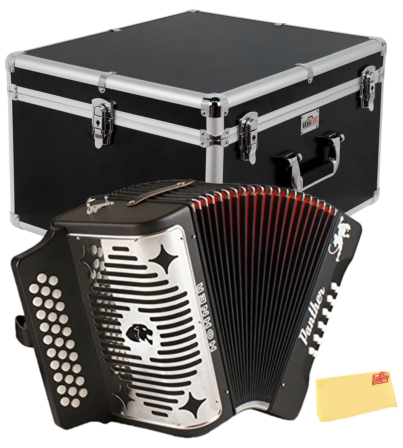 Hohner Panther Diatonic Accordion - Keys G/C/F Bundle with Hard Case and Austin Bazaar Polishing Cloth