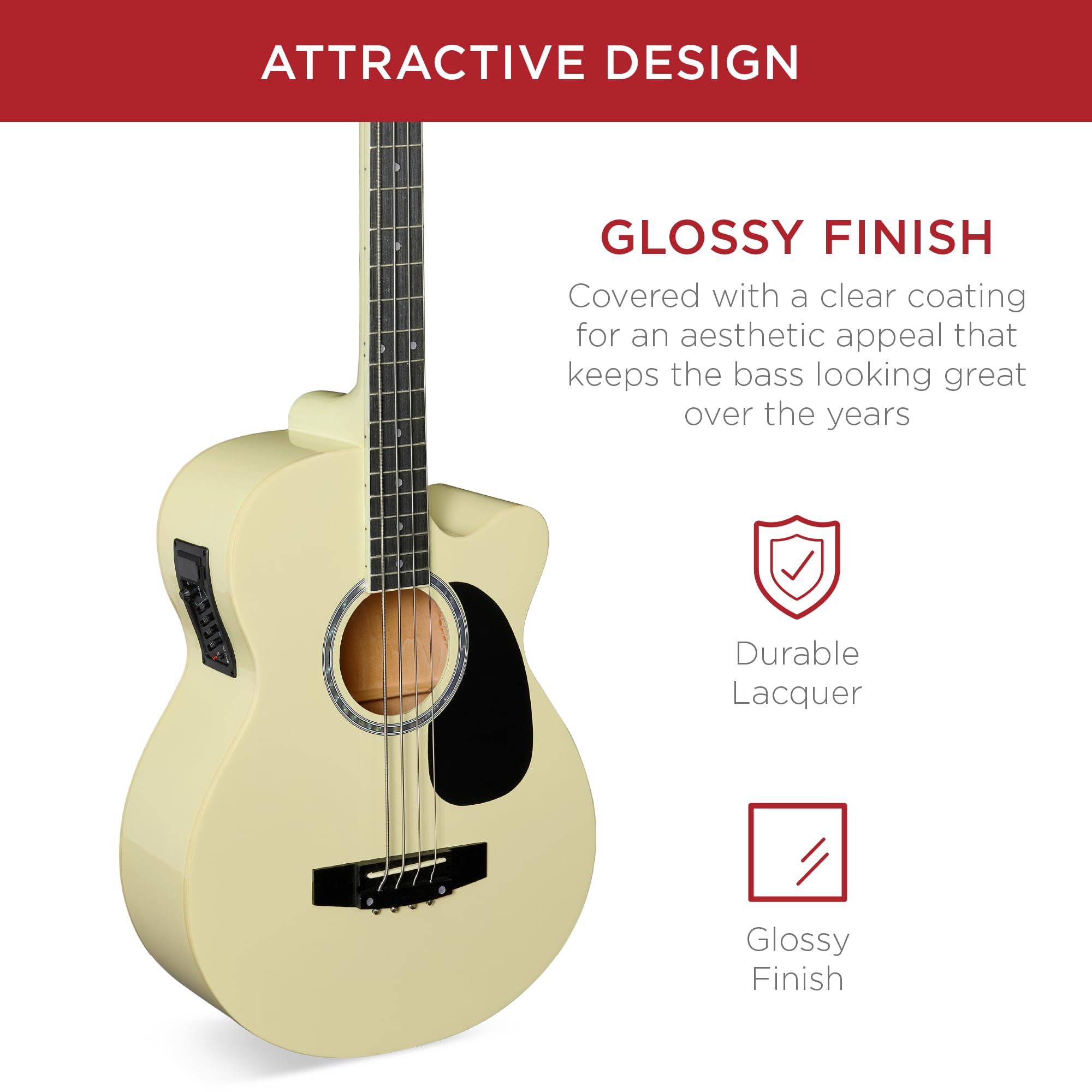 Best Choice Products Acoustic Electric Bass Guitar, Full Size 4 String, Fretted Bass Guitar w/Padded Gig Bag - Cream White