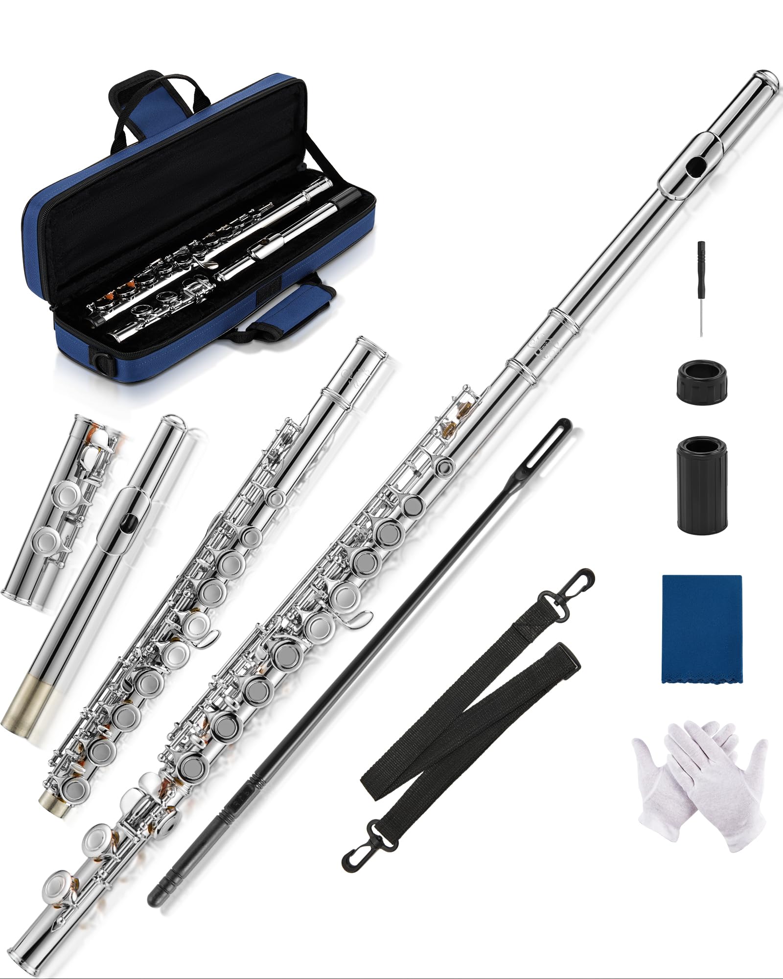 AKLOT Closed-Hole Concert C Flute: Flute Instrument with 16 Keys, Offset G, Smooth Nickel-Silver Keys, Air-Tight Pads, Include S