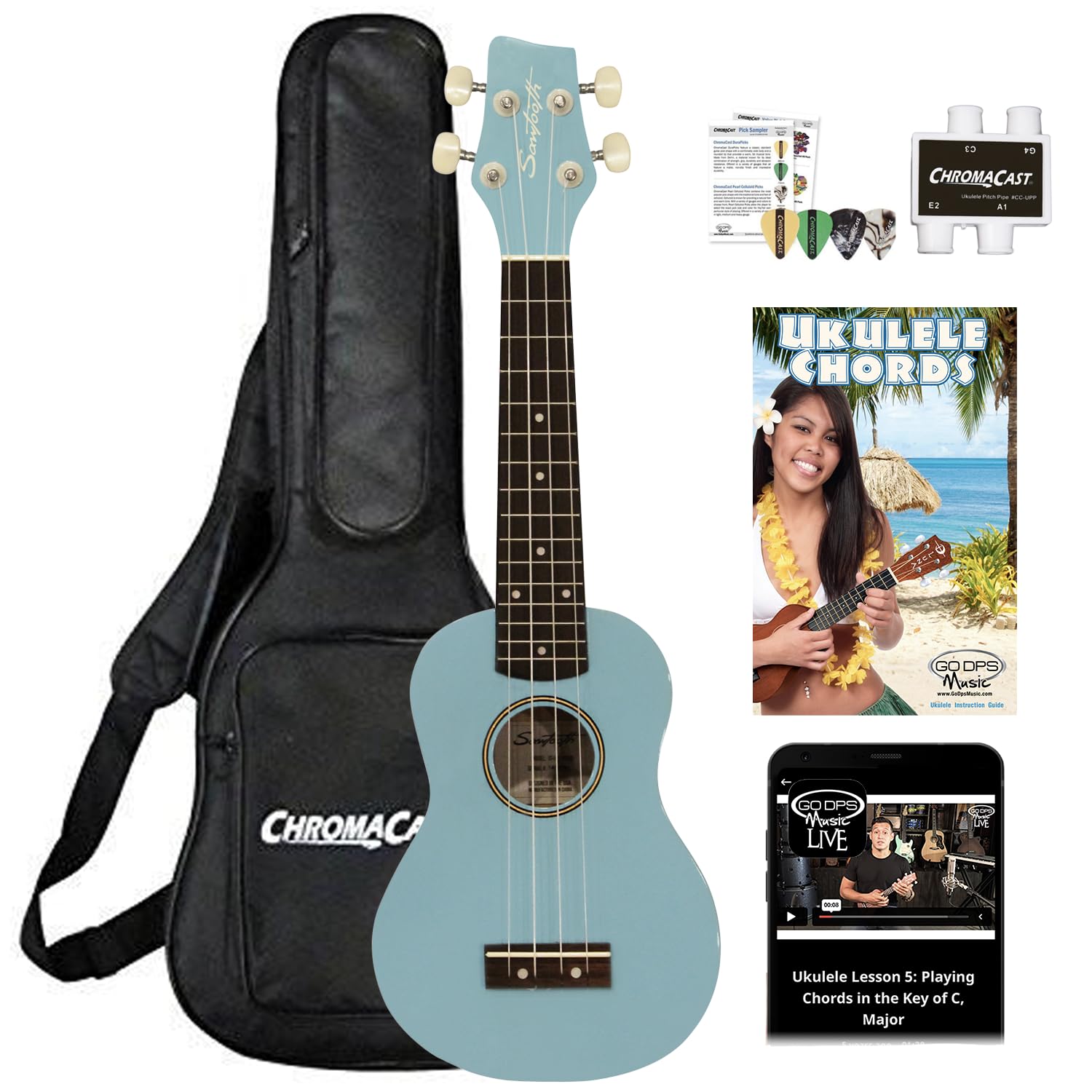 Sawtooth Daphne Blue Basswood Soprano Ukulele w Uke Chord Guide, Padded Gig Bag, Picks, Pitch Pipe and Free Online Lessons