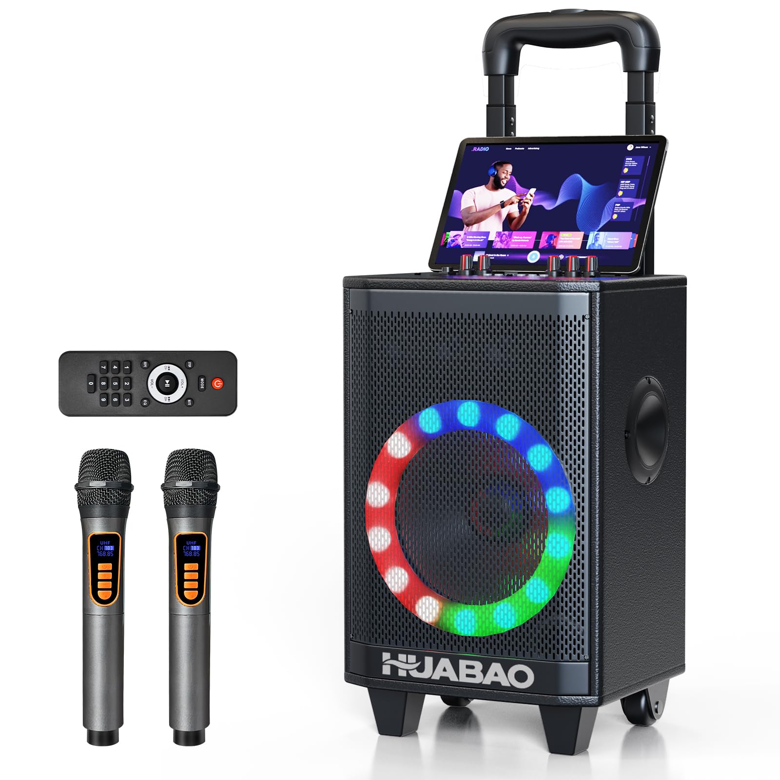 Portable Karaoke Machine with 2 Wireless Microphones, Bluetooth Speaker with Lights and Trolley Wheels, 6600mAh Rechargeable PA 