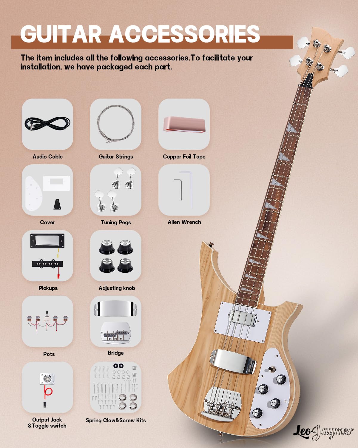 Leo Jaymz DIY Electric Bass Guitar Kits - Roasted Ash Wood Body, Maple Neck and Laurel Wood Fingerboard - Fully Components Inclu