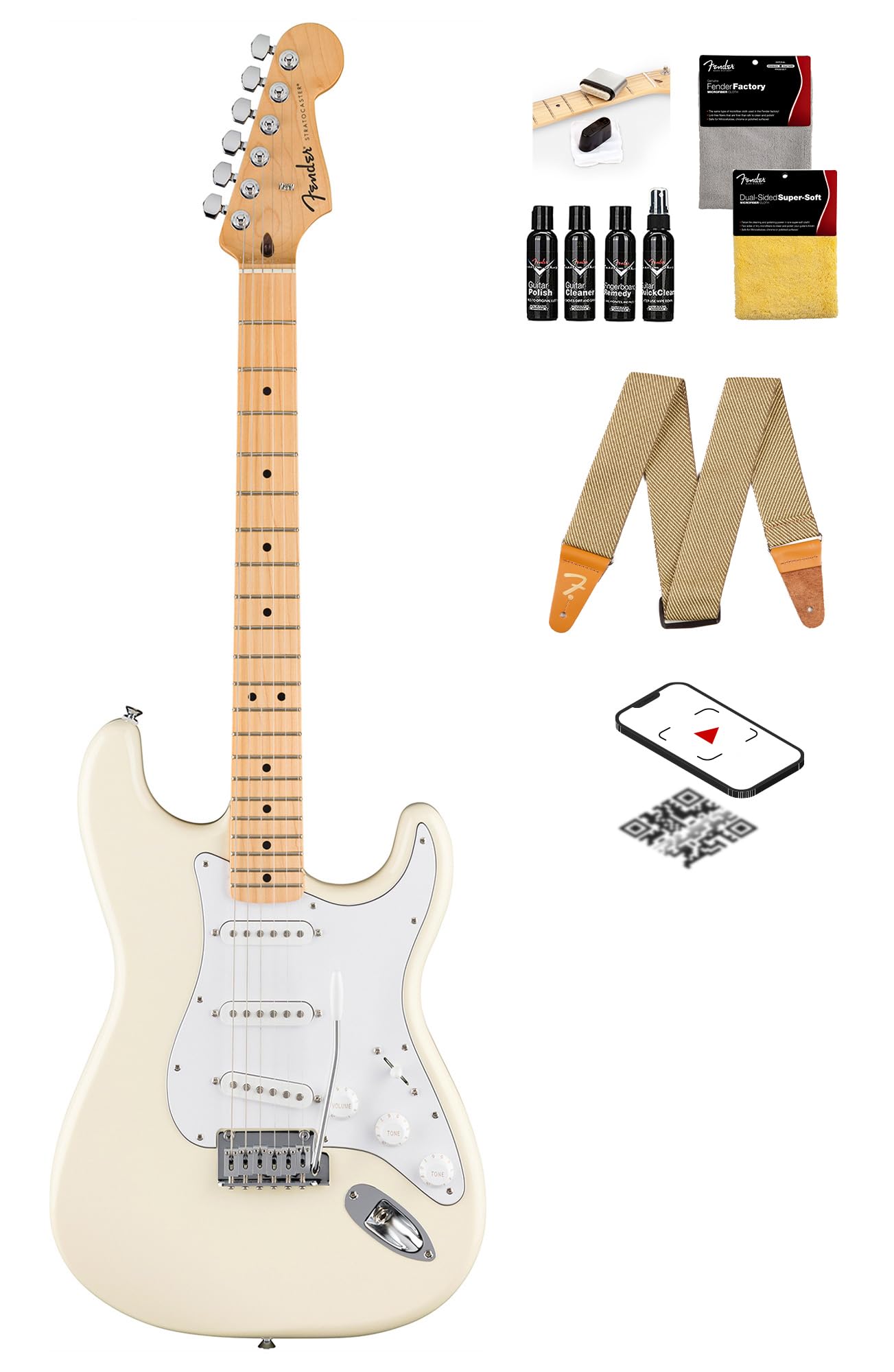 Fender Standard Stratocaster - Olympic White Bundle With Strap, Guitar Cleaning Kit And Austin Bazaar Instructional Video