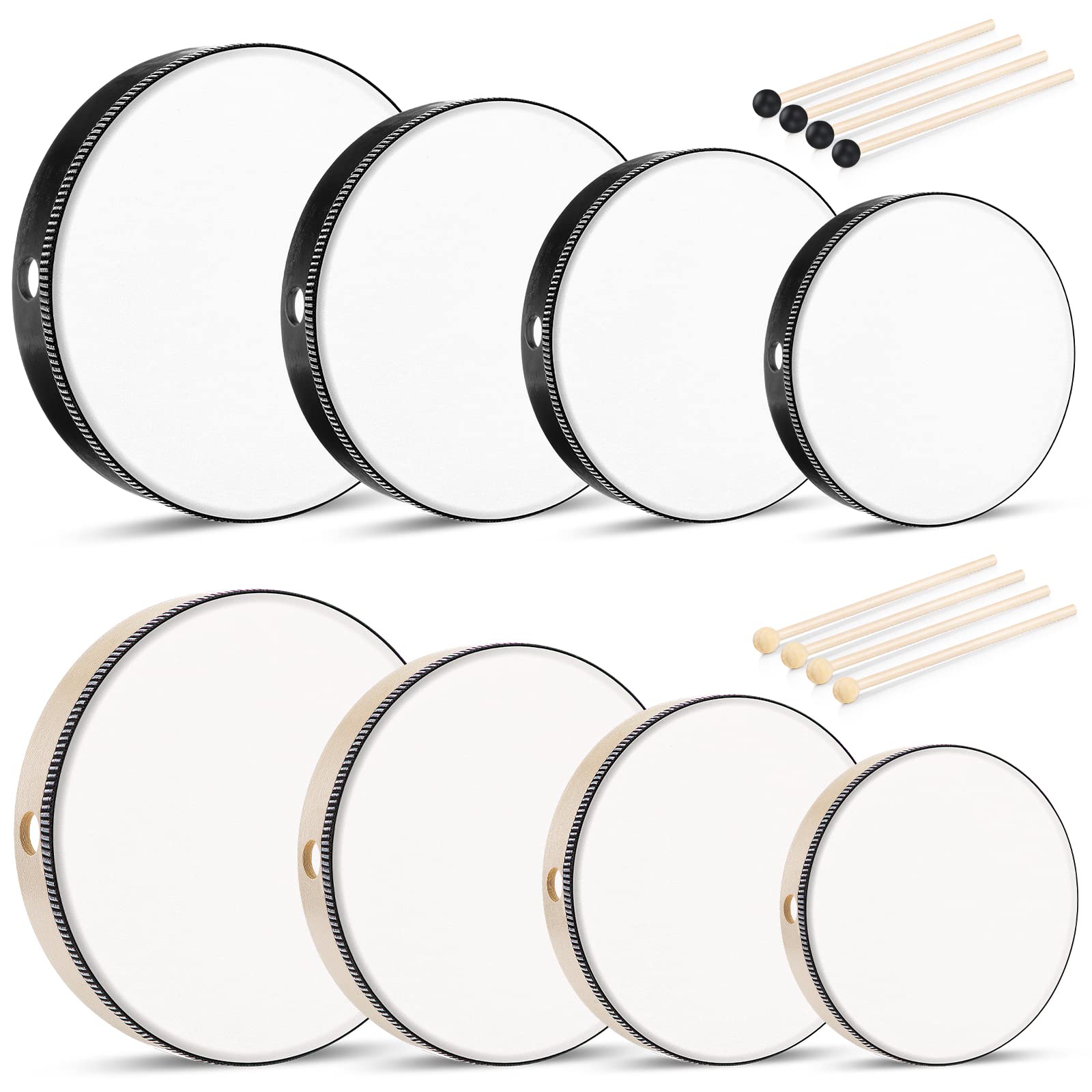 Konohan 8 Pieces Kids Hand Drums Wooden Frame Drum with Percussion Stick, 12 Inch 10 Inch 8 6 Educational Musical Instruments fo