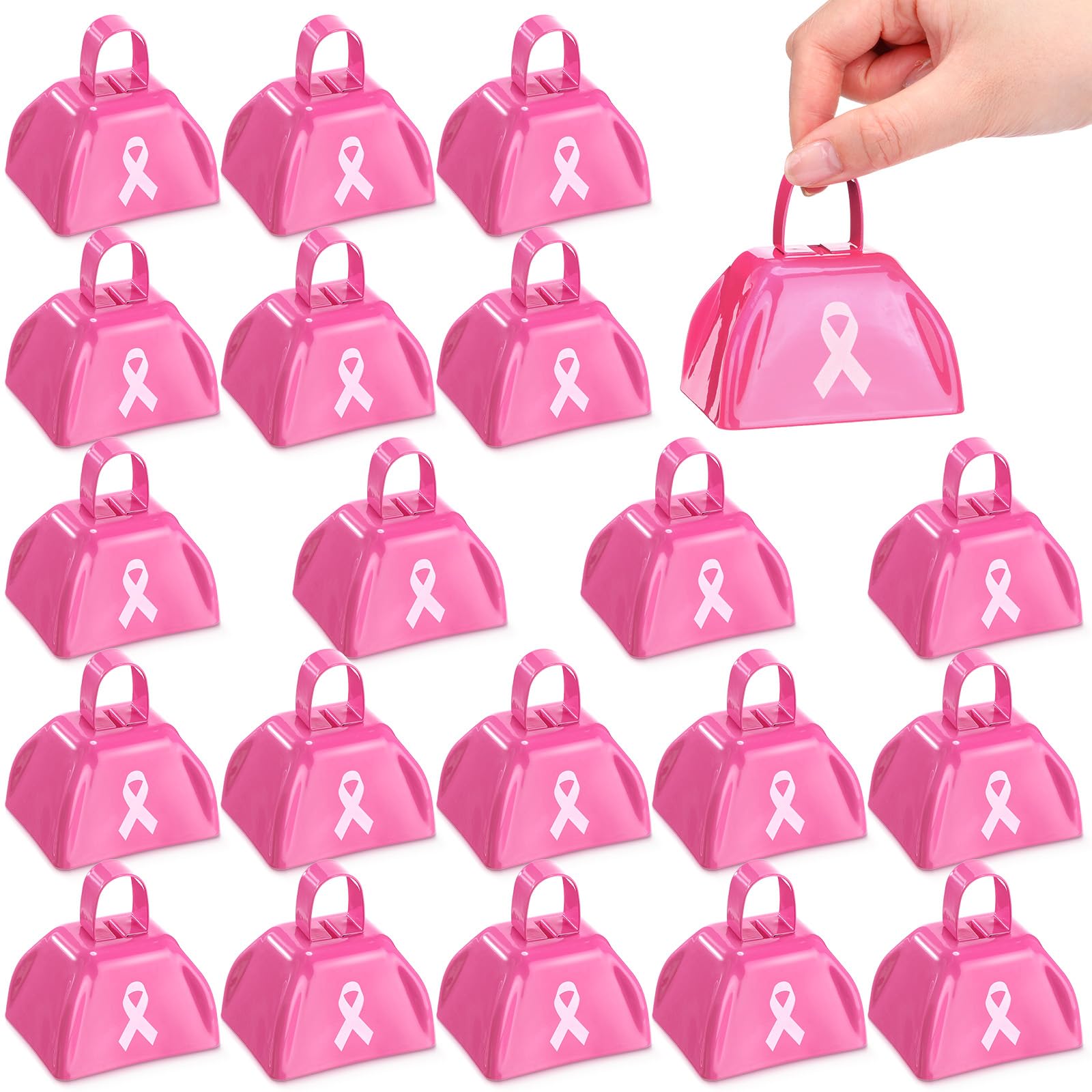 Boao 20 Pcs Breast Cancer Awareness Pink Cowbells with Handle White Ribbon Bow Print 3 Inch Metal Noise Makers Westside Cowboy f