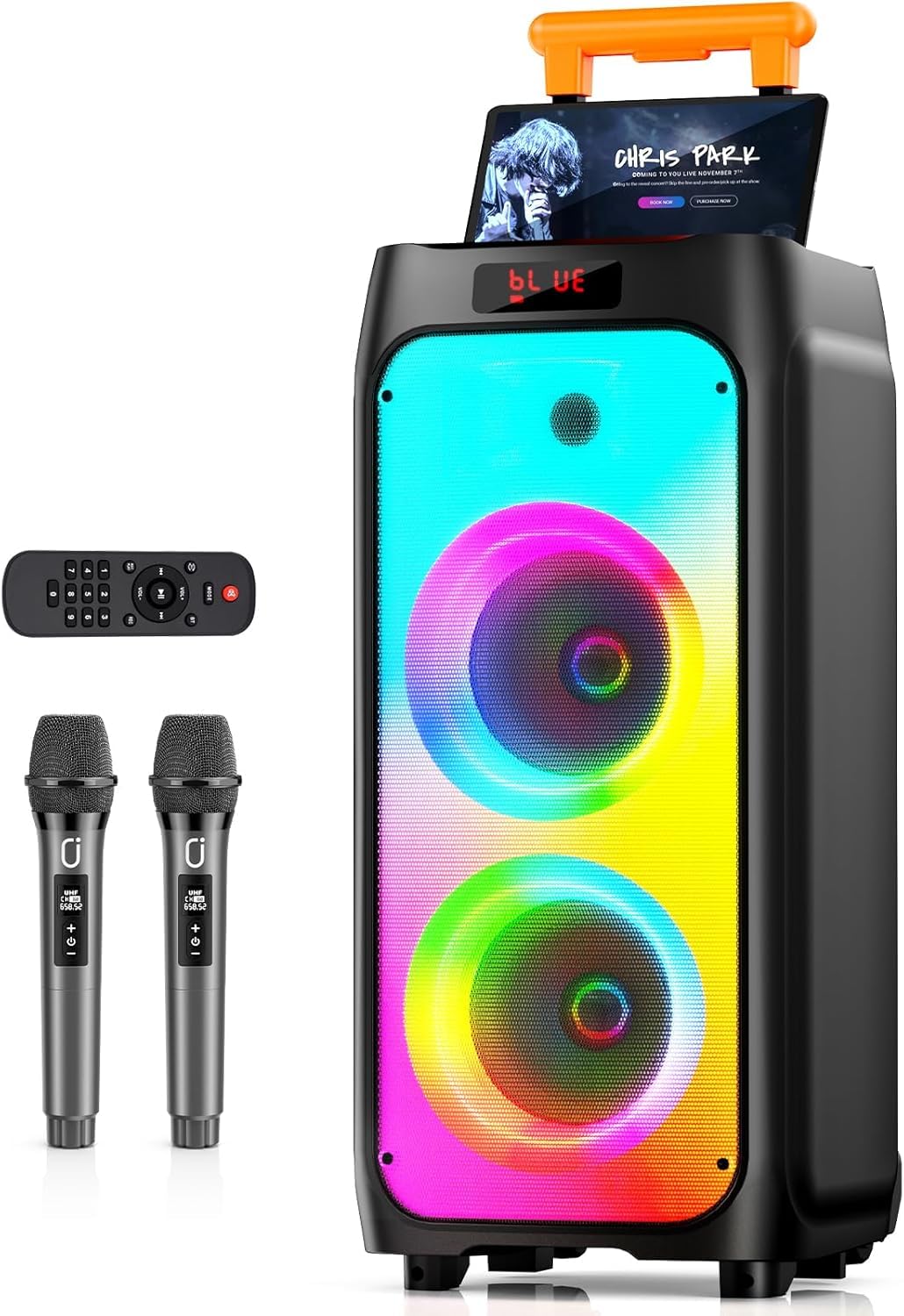 BOGO! HWWR Karaoke Machine with 2 Wireless Microphones, Portable Bluetooth Karaoke Speaker for Outdoor, Big Party Speaker with D
