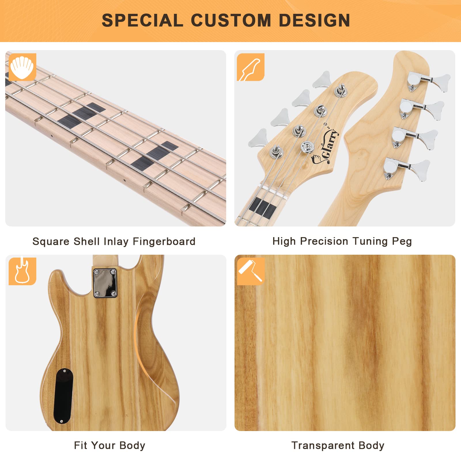 GLARRY GP Series Full Size Electric Bass Guitar 4 String Beginner Kit Canadian Maple Fingerboard with Cable, Strap, Bag and Acce