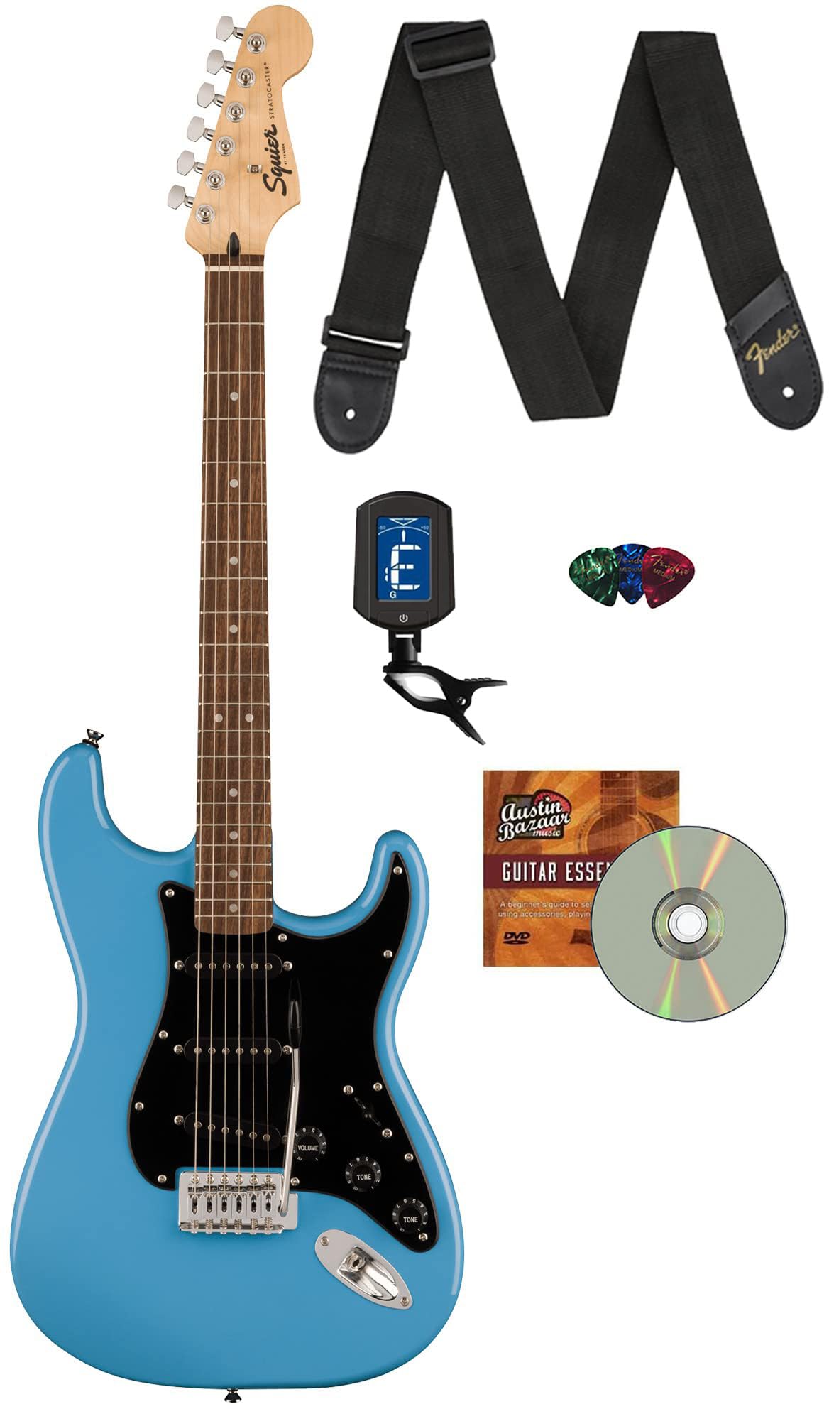 Fender Squier Sonic Stratocaster - California Blue Bundle With Tuner, Strap, Picks, And Austin Bazaar Guitar Dvd