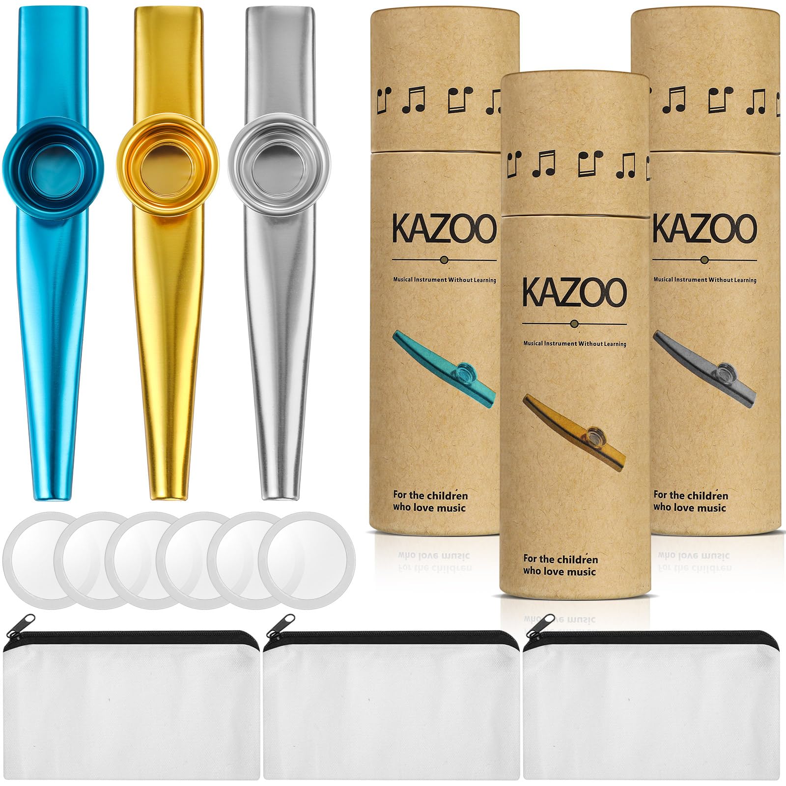 Boao 3 Set Kazoos Aluminum Alloy Kazoos Welcome Back to School Gift Includes 3 Musical Instruments, 6 Flute Diaphragms, 3 Round 