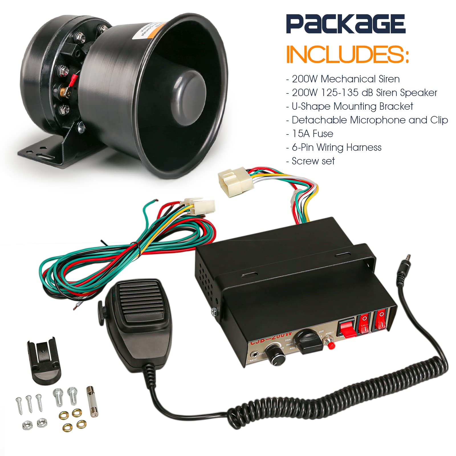 BooYu 12V 200W 9 Tones Police Warning Emergency Siren PA System [Black Steel Speaker][125-135dB][Handheld Microphone][Hands-Free