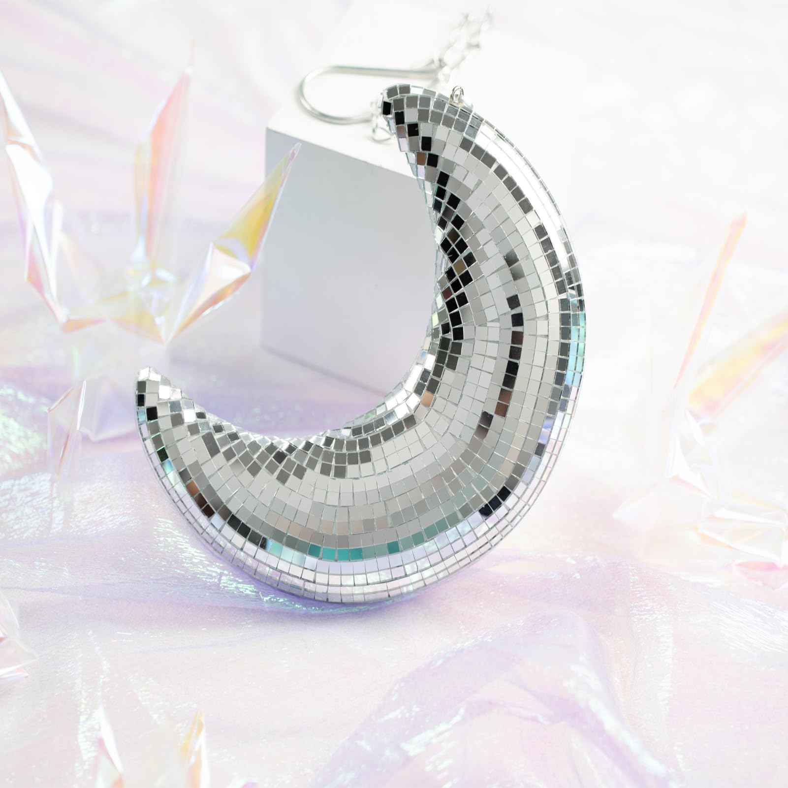 Disco Ball Moon Shaped Decor - 8 inch Silver Sparkling Glass Mirror Rotating Balls with 20 in Chain for Party Wedding Nightclub