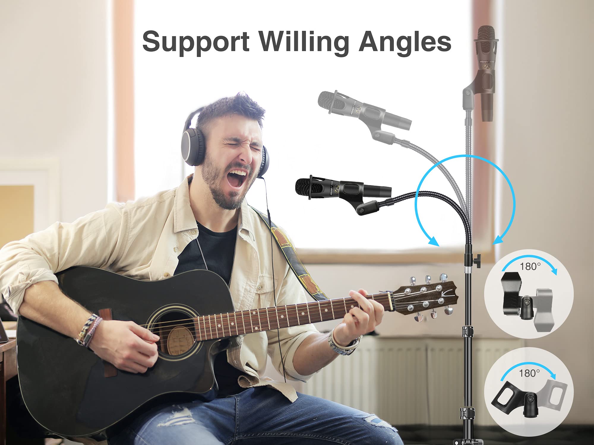 Elitehood Aluminum Foldable Microphone Stand, 82 Tall & Height Adjustable Mic Stand Boom, Microphone Tripod Stand with Mic Clip