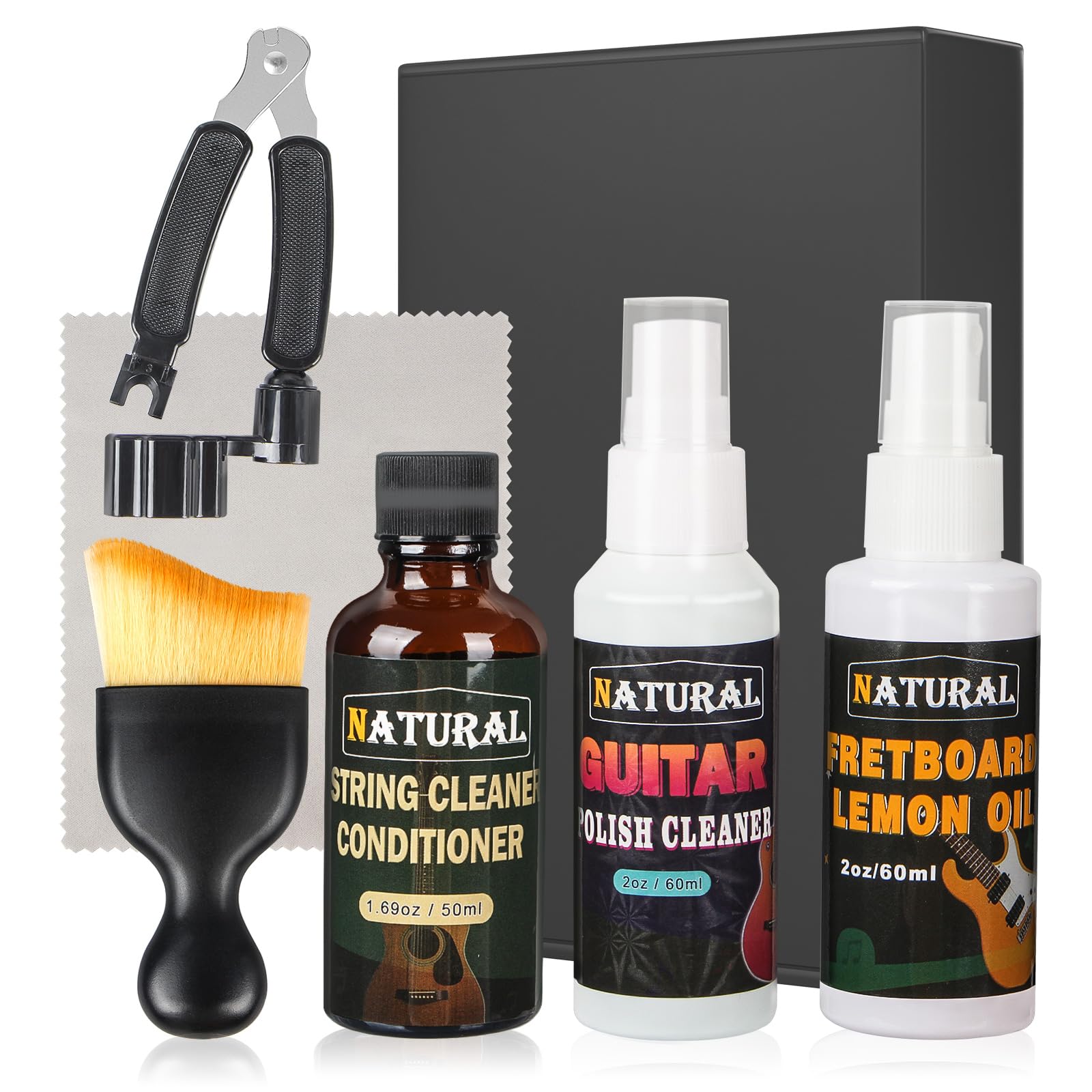 6Pcs Guitar Cleaning Kit - Includes Guitar Polish, Fretboard Oil, String Cleaner, String Winder, Brush, Cleaning Cloth, Guitar M