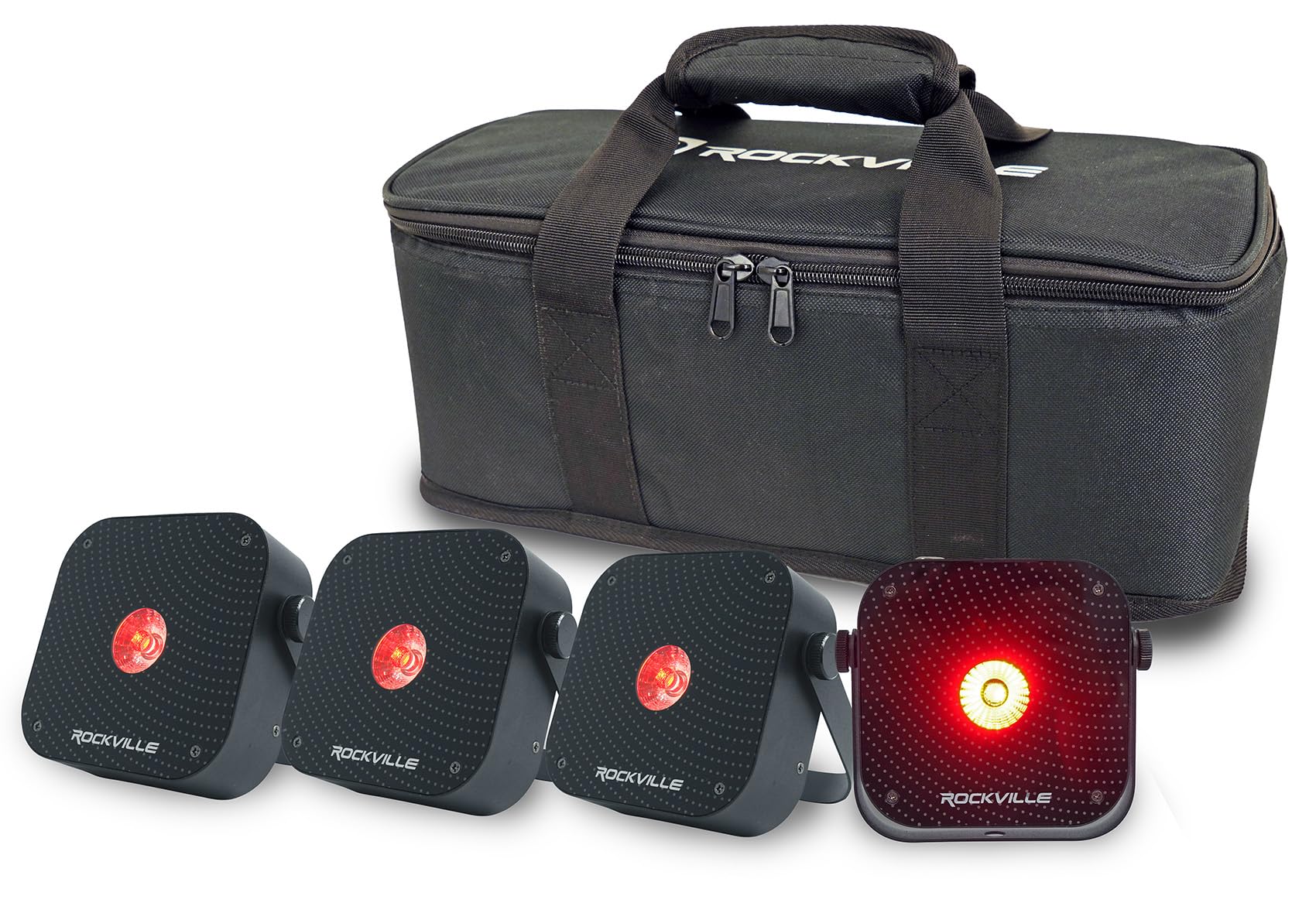 Rockville 4 Pack MINI RF1 V3 Black LED Wash Up Light, RGBWA+UV, Compact, App, Remote, LCD, Wireless DMX, Rechargeable, Perfect f