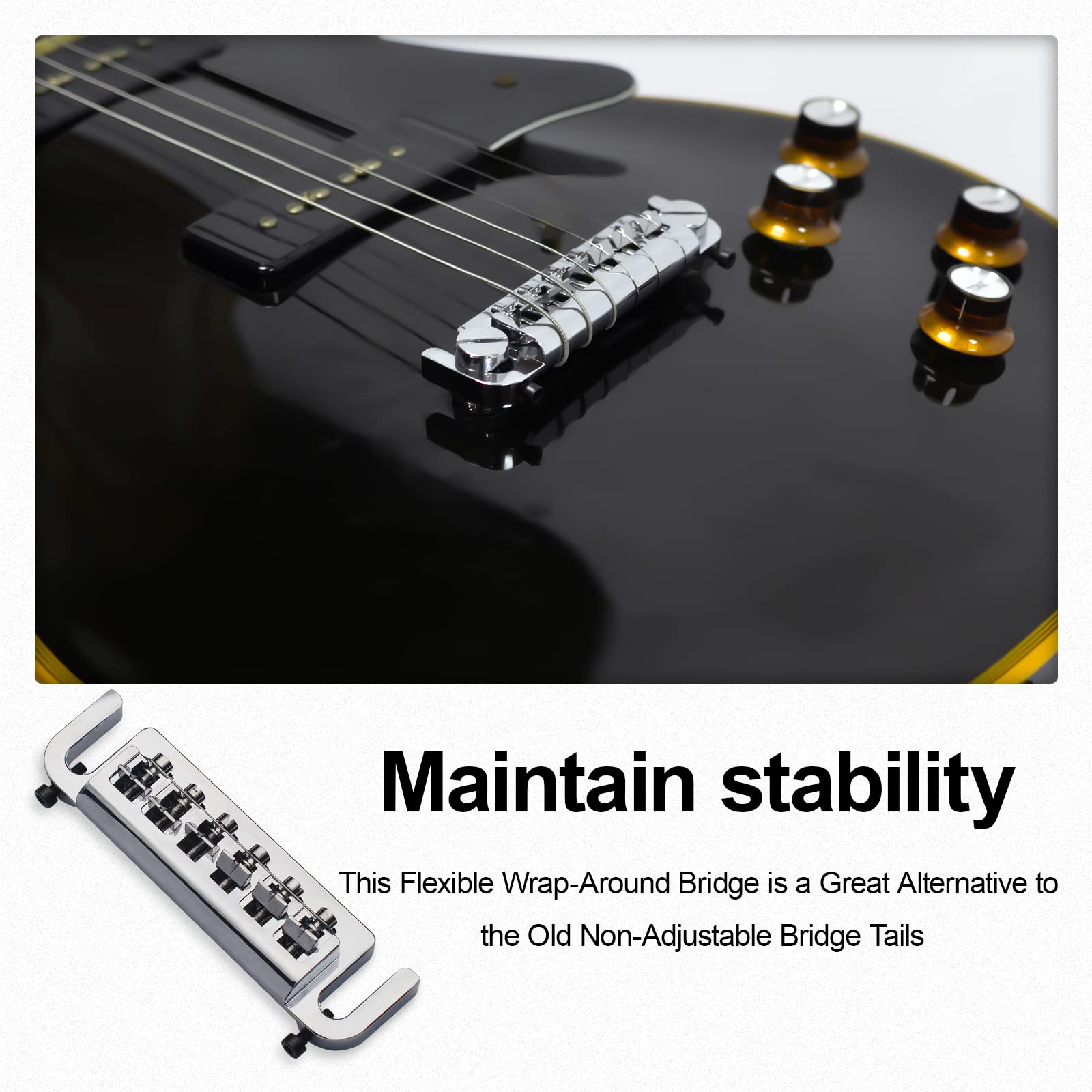 SAPHUE Wraparound Bridge Tailpiece Intonatable Combo Bridge Tailpiece for Solid-body Electric Guitar (Chrome)