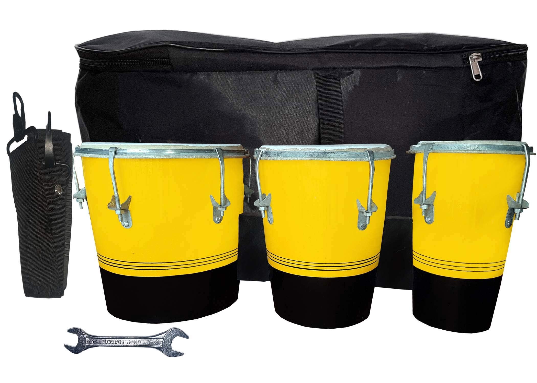 Gt Manufacturers Professional Three Piece Hand Made Wooden Bongo Drum Set With Tool Kit (Yellow)