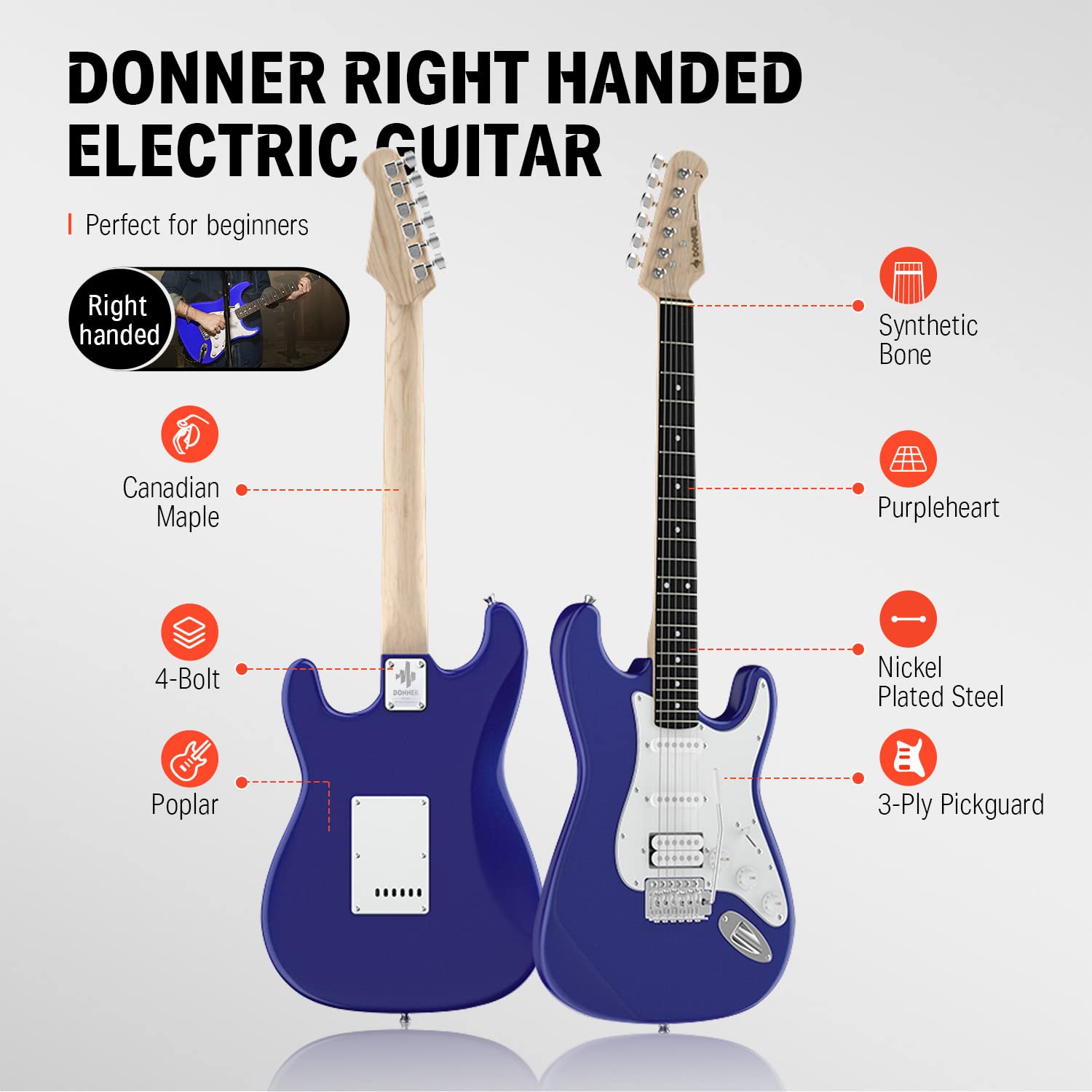 Donner DST-100L 39 Inch Electric Guitar Beginner Kit Full Size Solid Body Purple Sapphire Blue HSS Pick Up Starter Package with