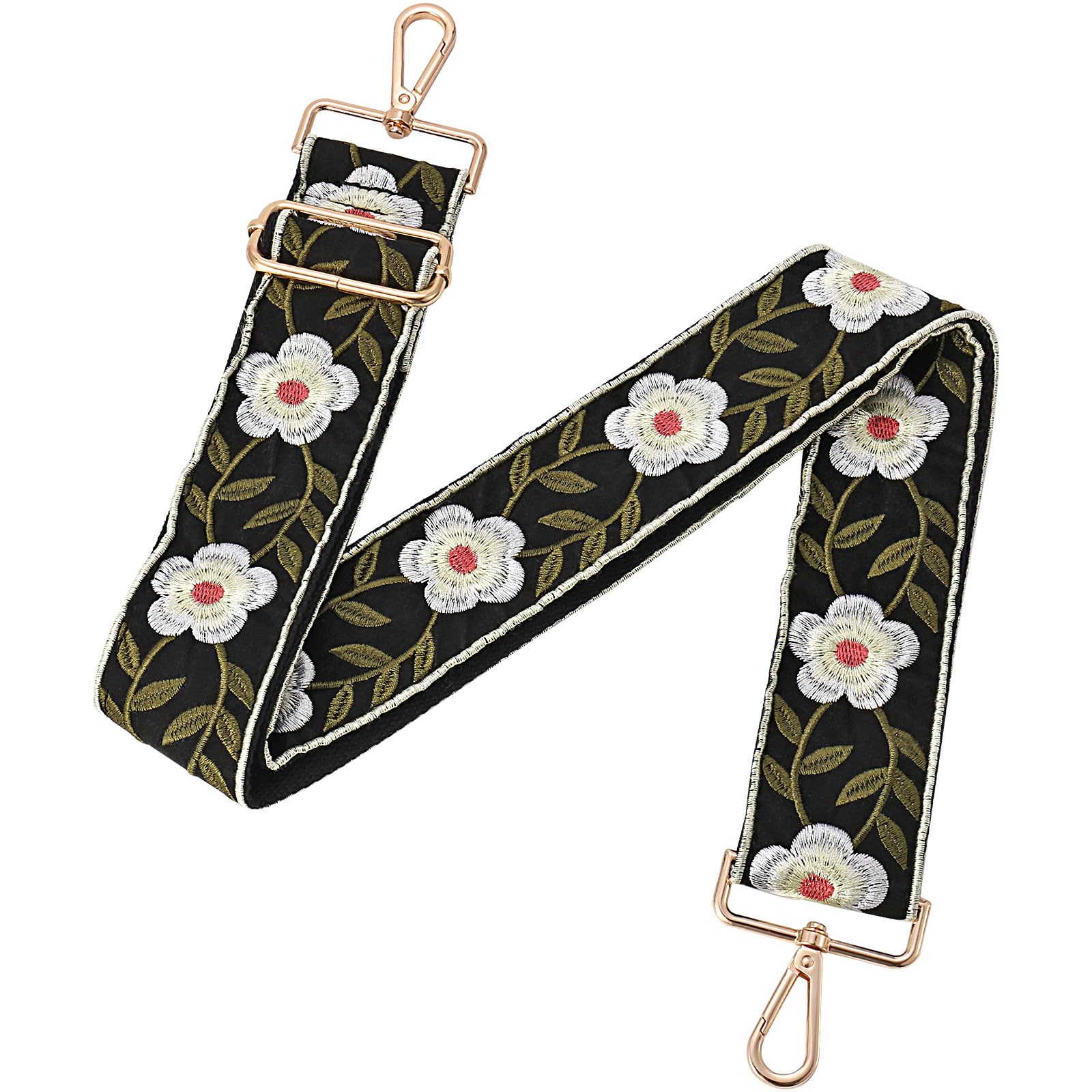 MIRIFRIGE Wide Embroidery Purse strap Replacement Crossbody Bag Strap Adjustable Floral Canvas Guitar Straps for Handbags (White