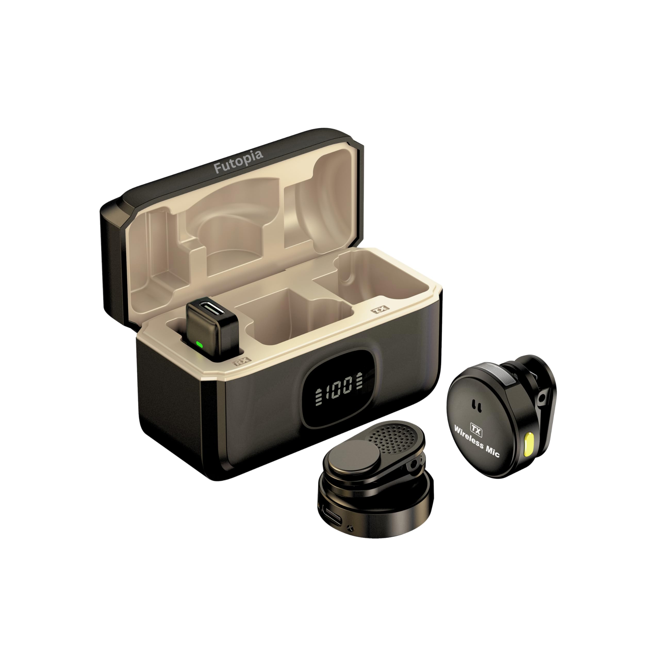 Futopia Wireless Rechargeable Microphone With Charging Case 300Mah, Noise Cancellation Mic, Clip-On Collar, 3Hr Playtime, 20M Ra