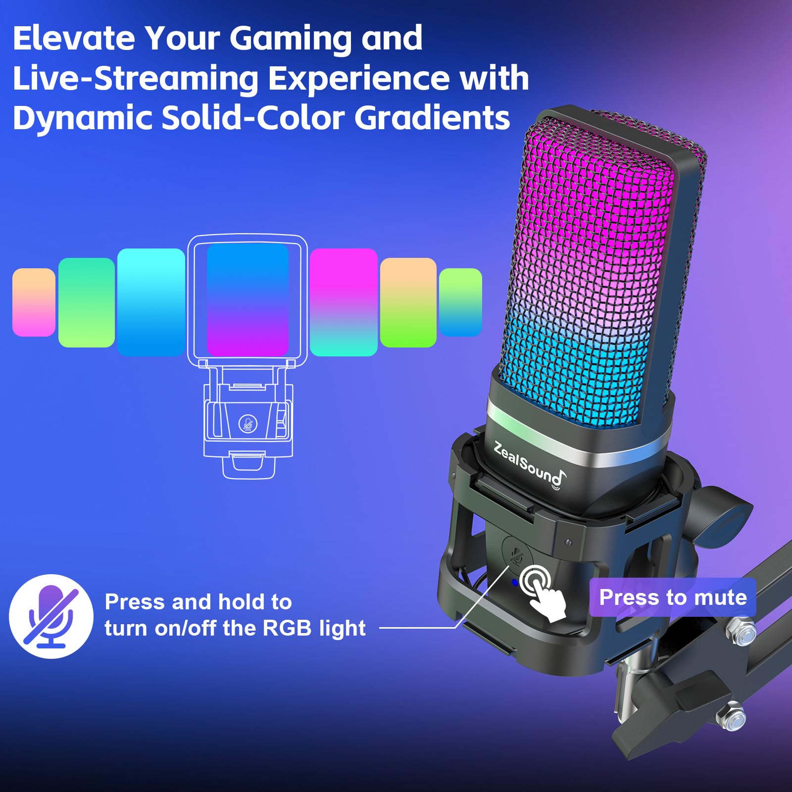 ZealSound Gaming USB Microphone,Noise Cancellation Condenser mic,RGB Microphone with Mute,Gain,Monitoring,Boom Arm,Pop Filter fo