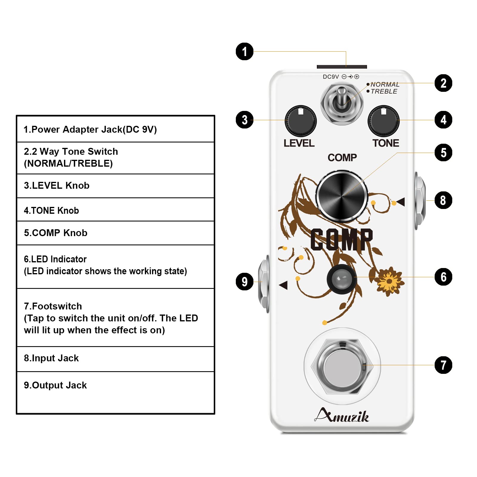 Amuzik Guitar Compressor Effect Pedal Analog Vintage Ultimate Compression 2 Modes Comp Effect Pedals for Electric Guitar True By