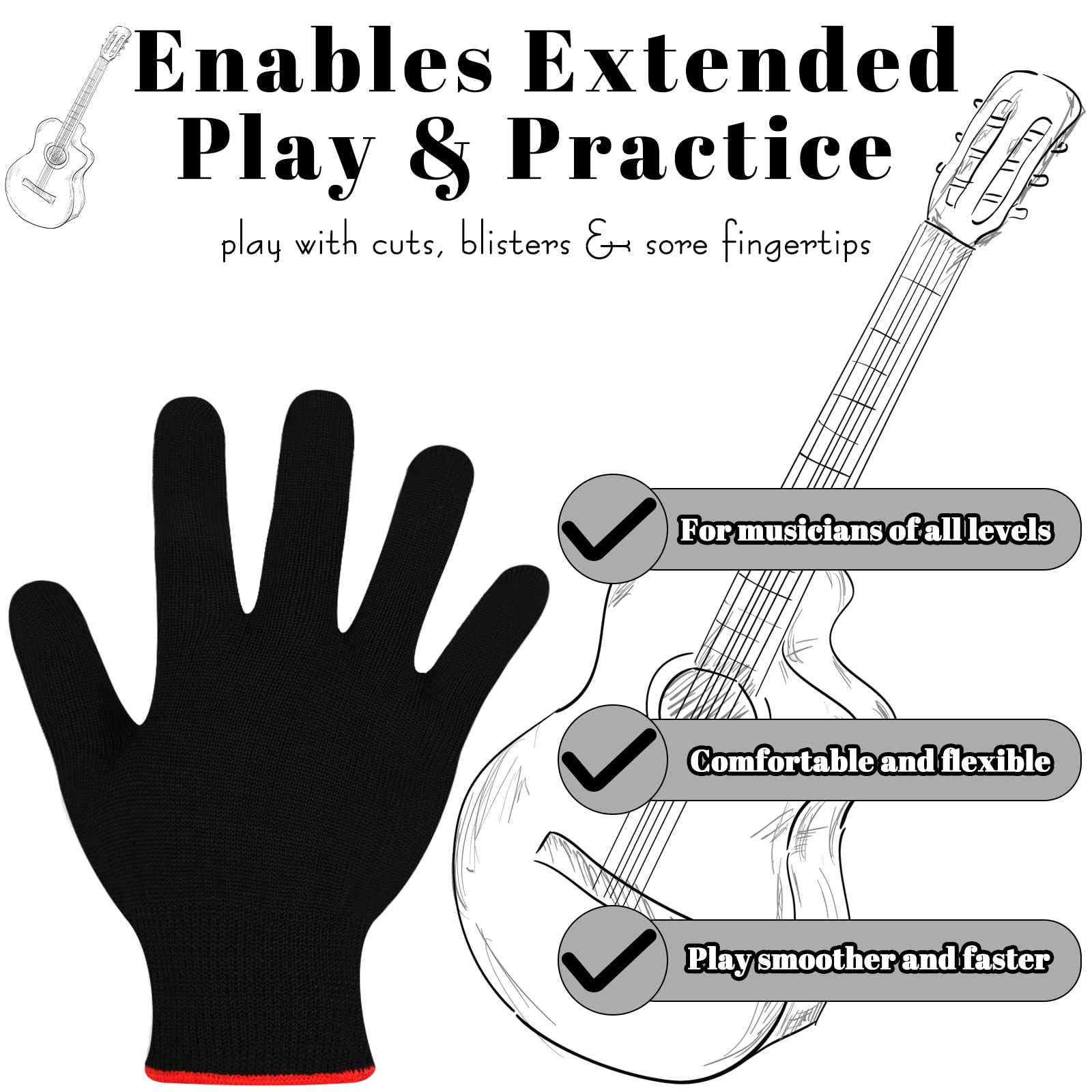 Jiuguva 4 Pack Guitar Gloves Guitar Fingertip Protector for Men Women Practice Gloves for Playing Musical Instruments, Black, me