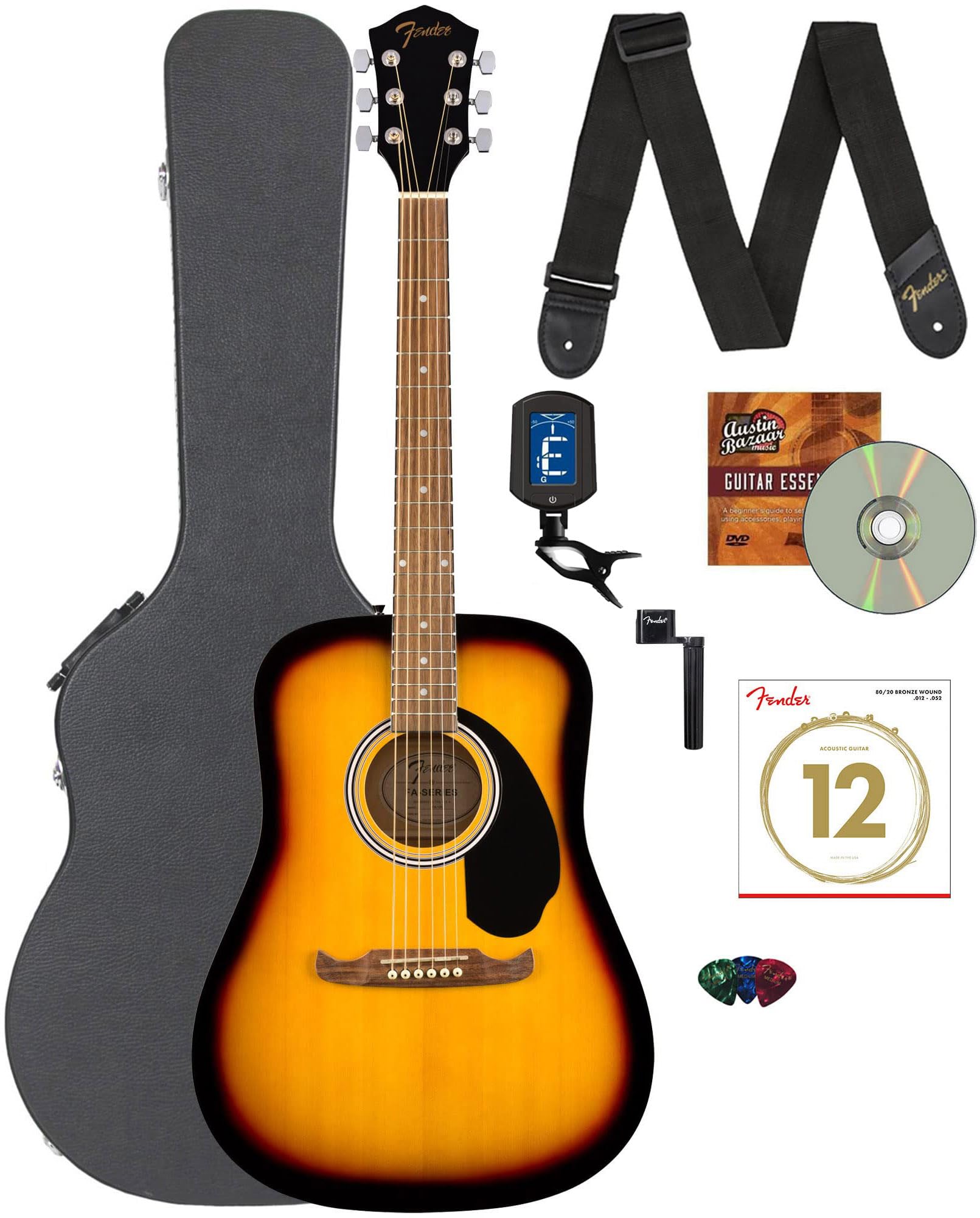 Fender FA-125 Dreadnought Guitar - Sunburst Bundle with Hard Case, Tuner, Strap, Strings, String Winder, Picks, and Austin Bazaa