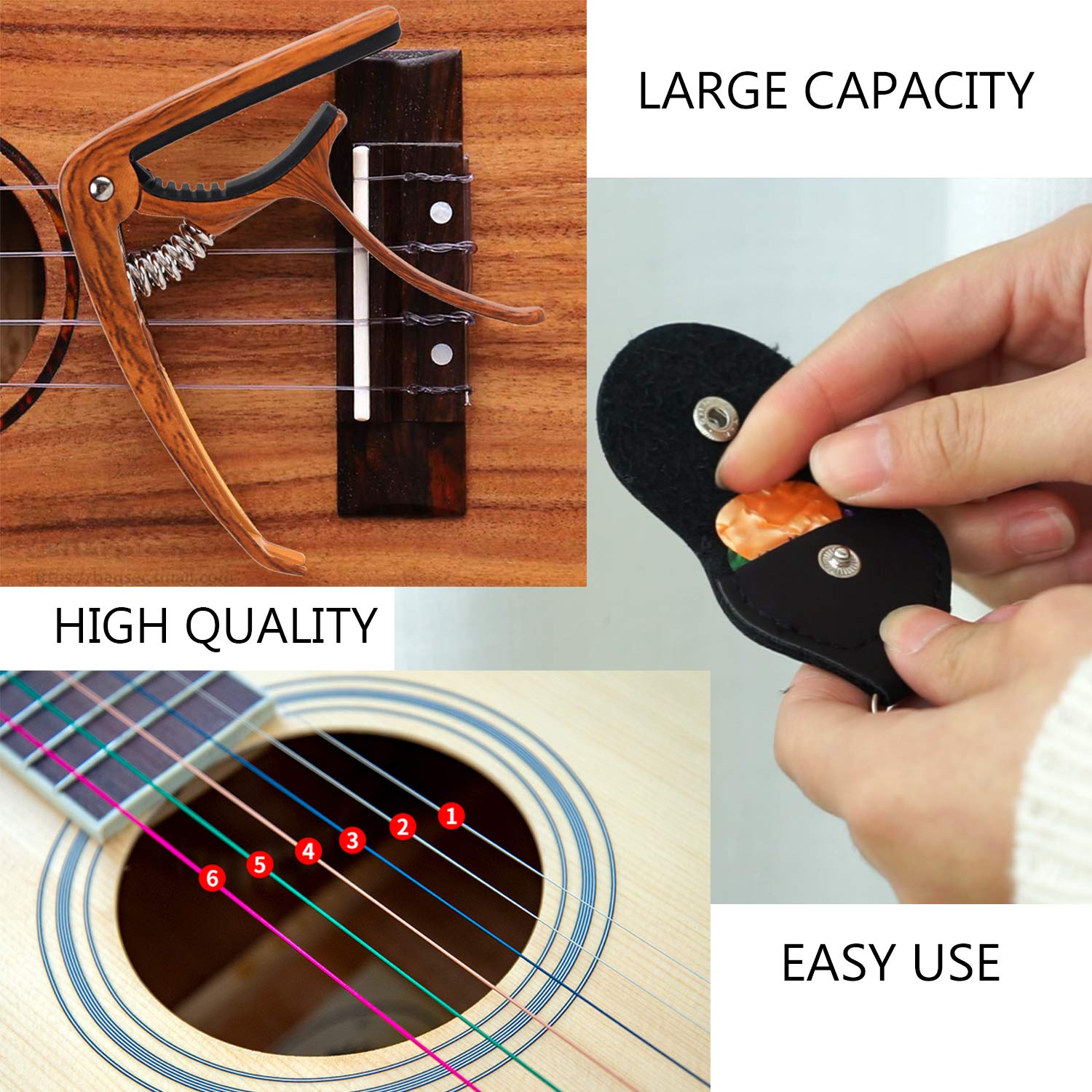 PlasMaller Guitar Pick Holder Case Bag Set, included Upgrade Capo + Guitar Strings + 30pcs Acoustic Electric Guitar Colorful Pic