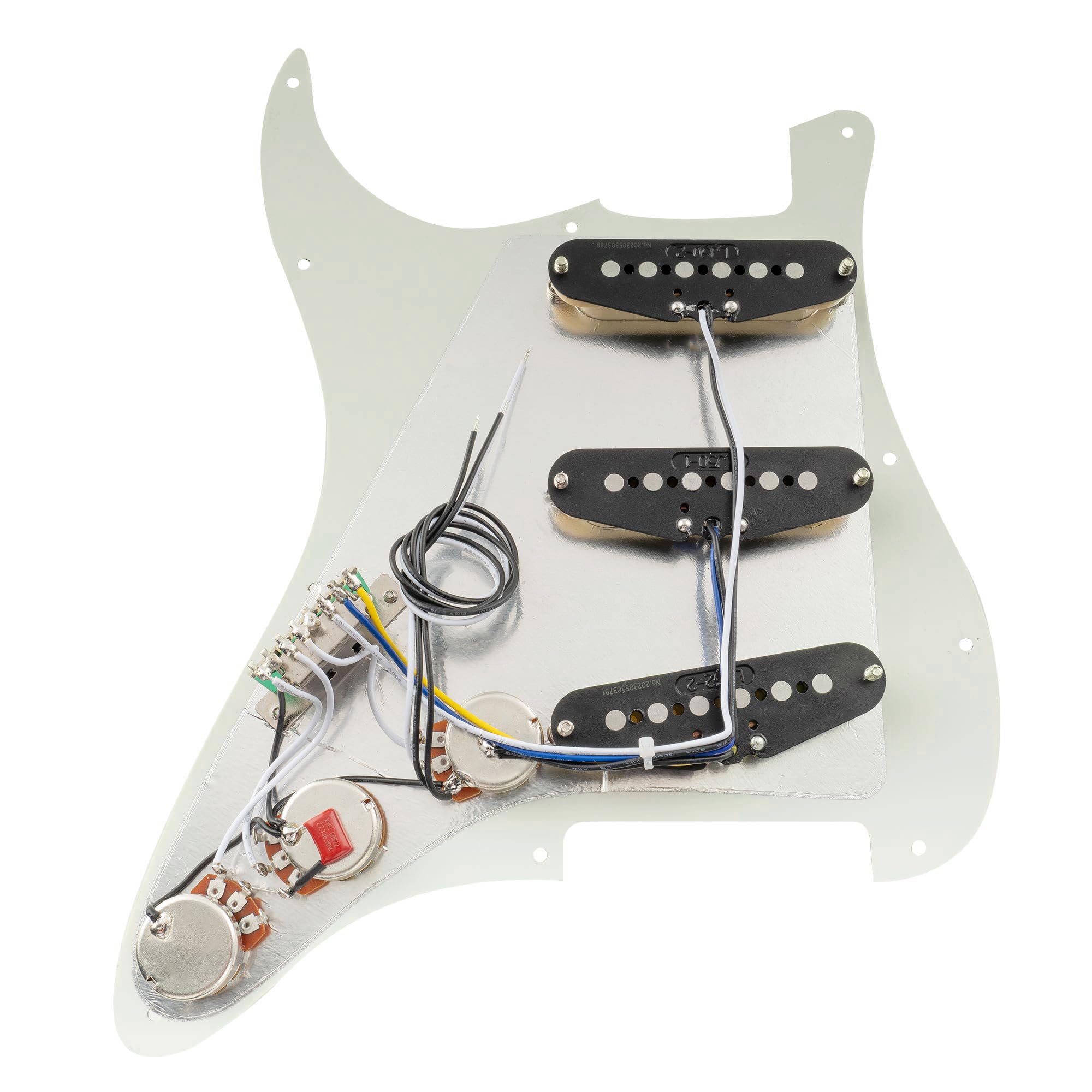 Musiclily Pro-SE ST-60SE Pre-wired SSS Pickguard with Staggered Alnico 5 Pickups for Strat Style Electric Guitar, 3Ply Aged Whit
