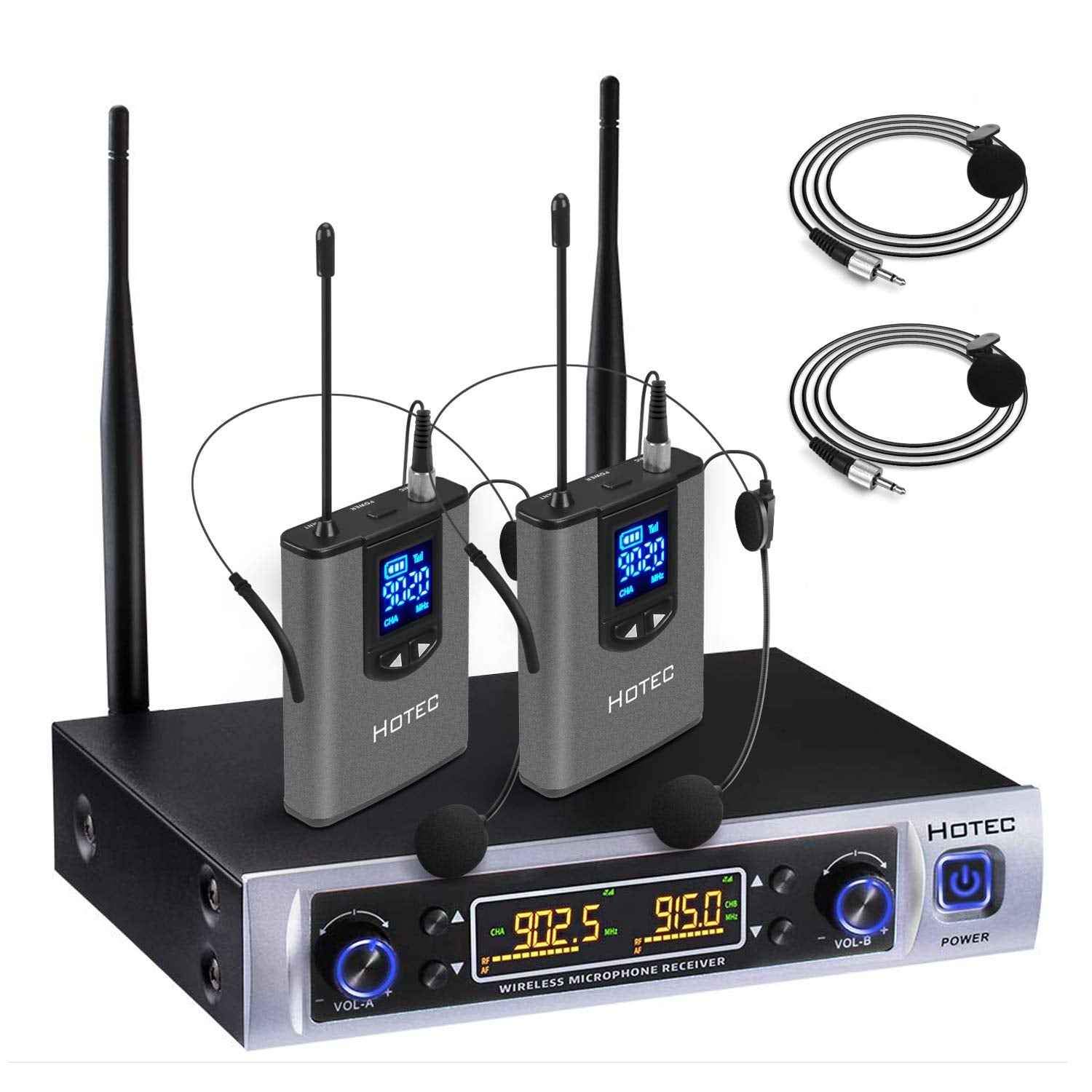 Hotec Uhf Dual Wireless Microphone System With Lapel Lavalier And Headset Microphones Over Pa, Mixer, Speaker, Karaoke Machine F