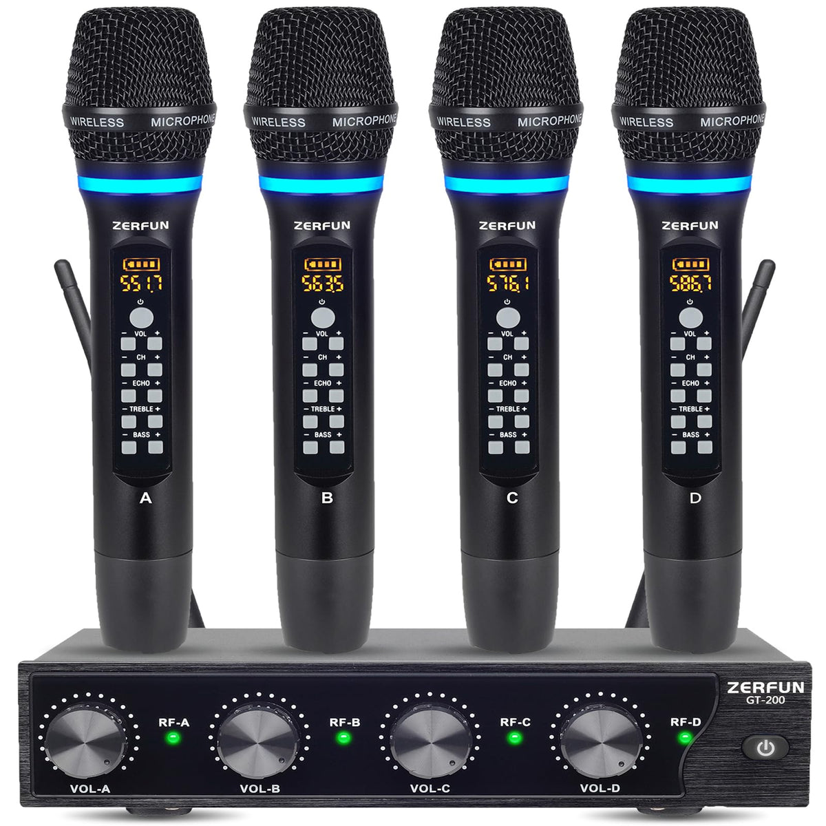 Zerfun 4 Channel Rechargeable Wireless Microphone System, Pro Uhf Metal Handheld Wireless Microphones Cordless Mics With Echo Tr