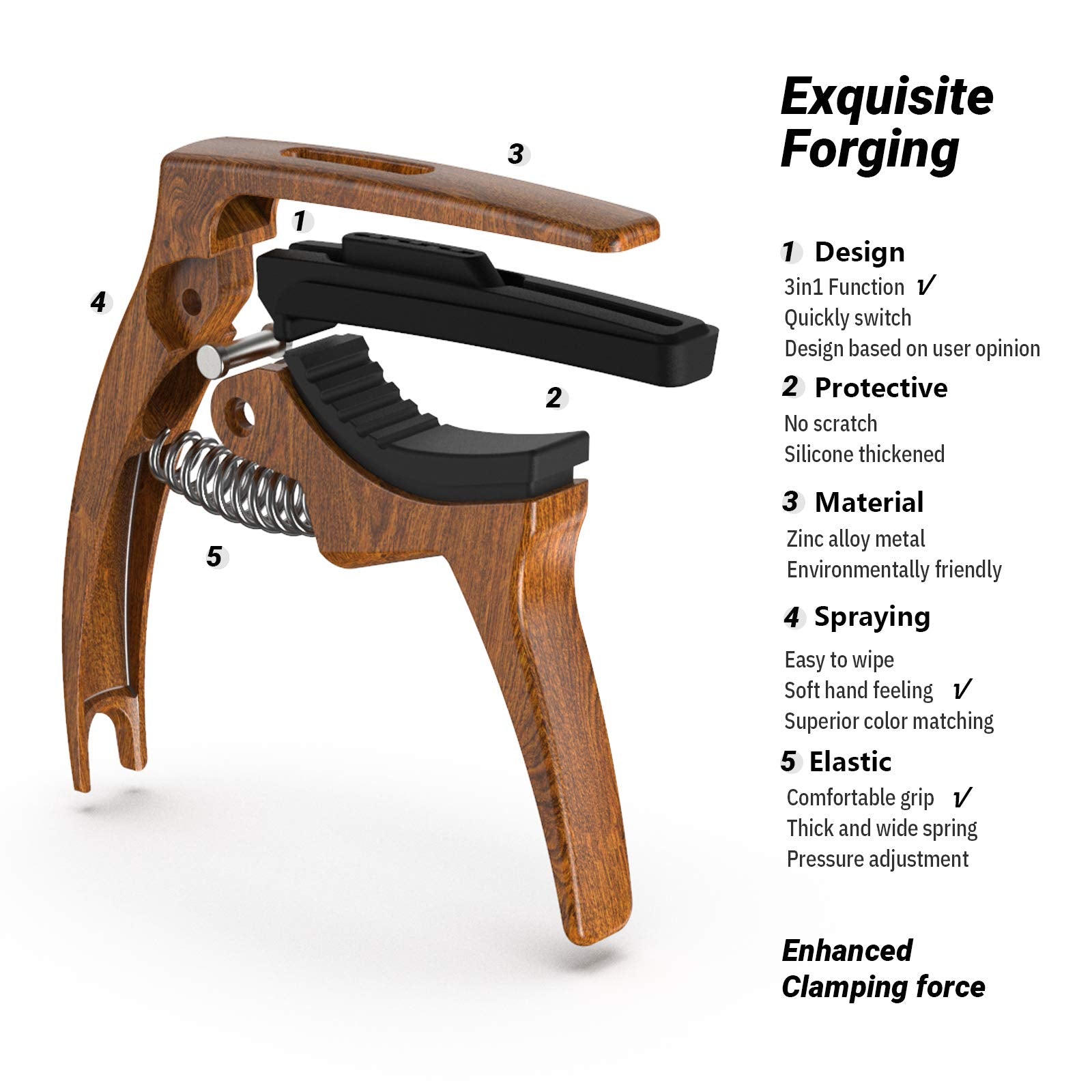 TANMUS 3in1 Guitar Capo for Acoustic and Electric Guitars(with Pick Holder and 4Picks),Ukulele,Guitar Accessories(Wood)