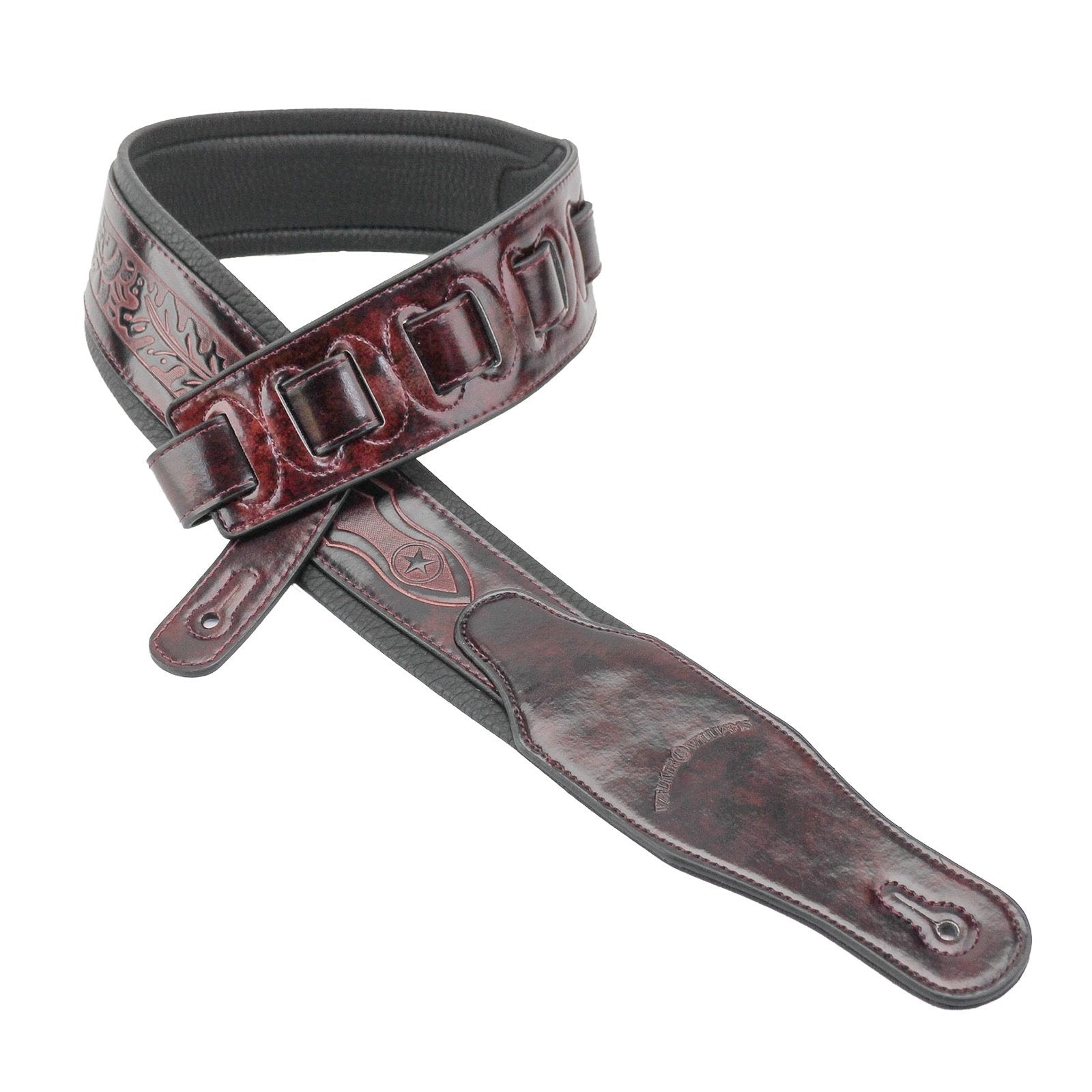 Walker & Williams GB-163 Oxford Brown Handmade Padded Guitar Strap with Oak Leaves & Texas Star Tooling For Acoustic, Electric,