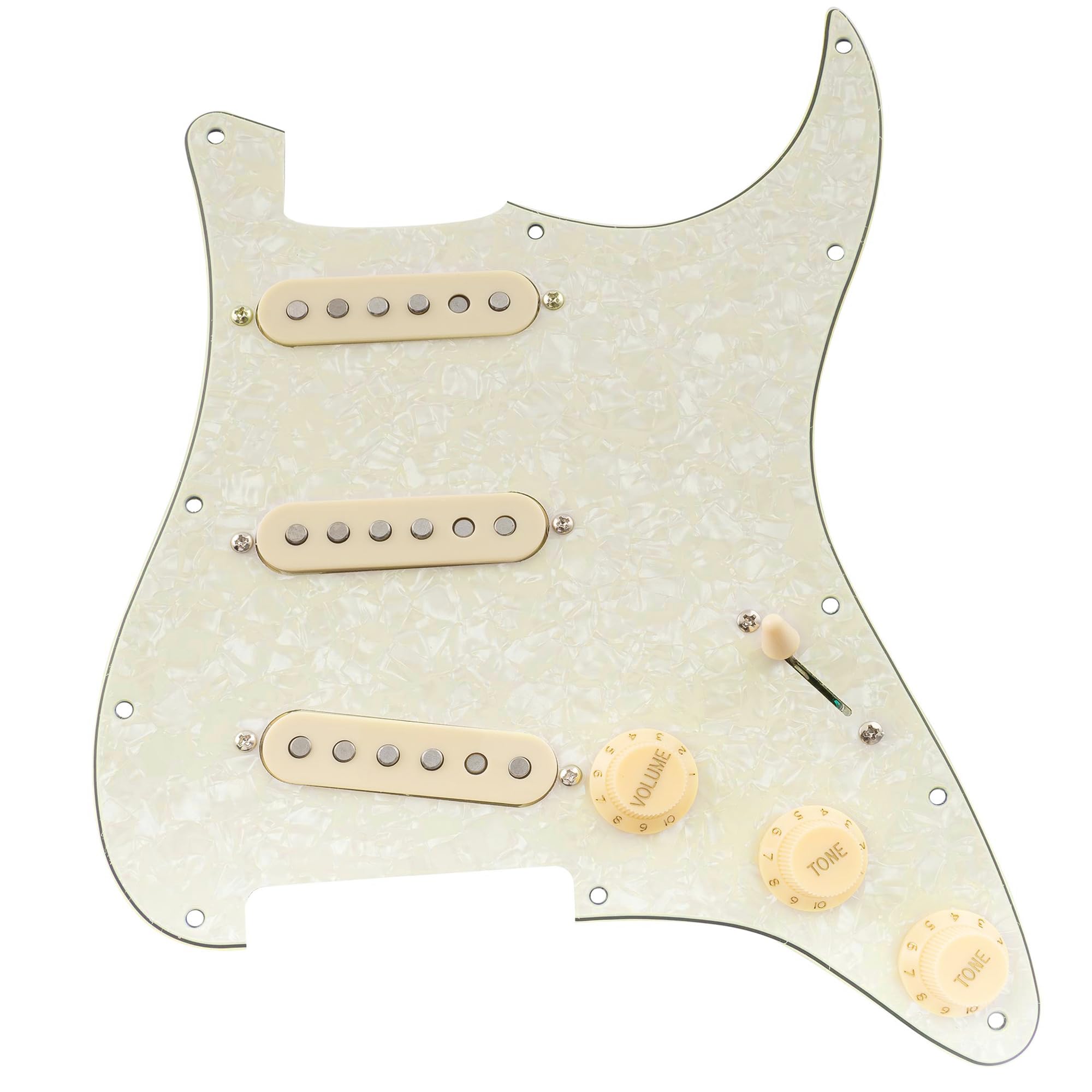 Musiclily Pro-Se St-60Se Pre-Wired Sss Pickguard With Staggered Alnico 5 Pickups For Strat Style Electric Guitar, 4Ply Aged Whit