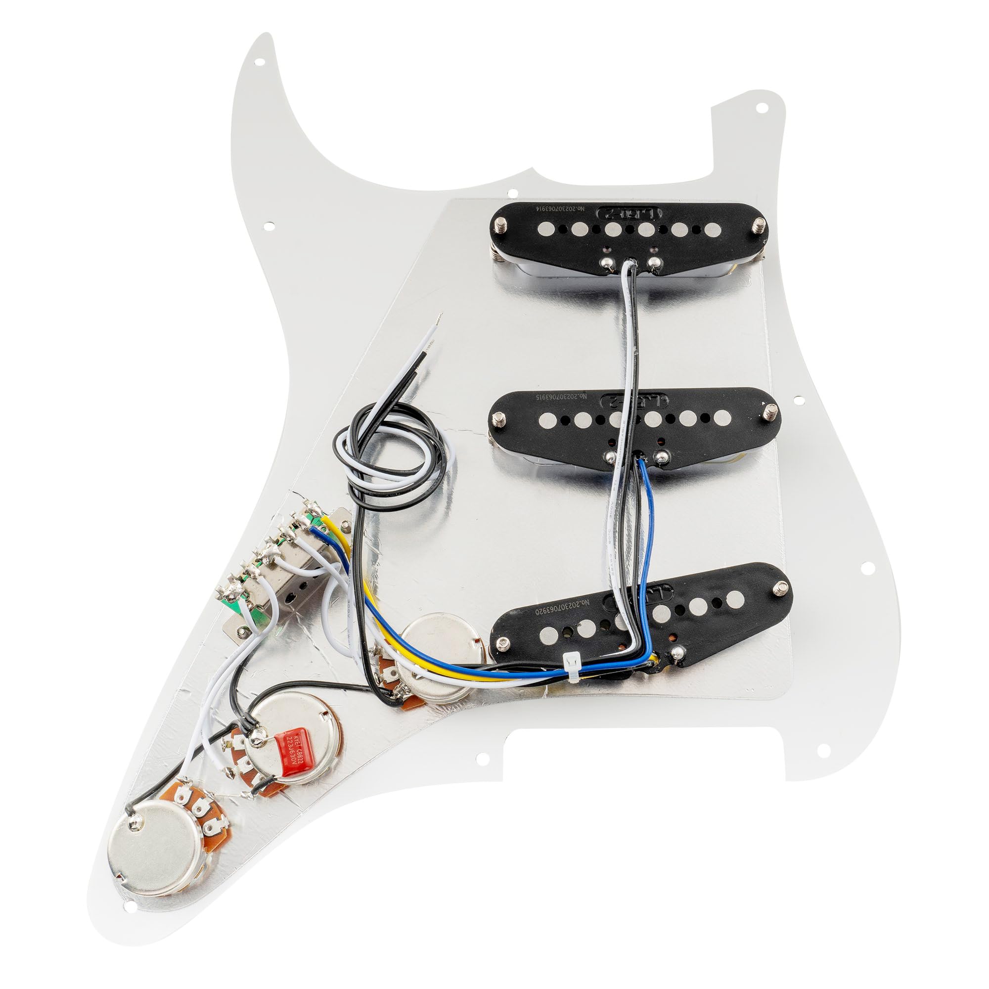 Musiclily Pro-SE ST-60SE Pre-wired SSS Pickguard with Staggered Alnico 5 Pickups for Strat Style Electric Guitar, 3Ply White