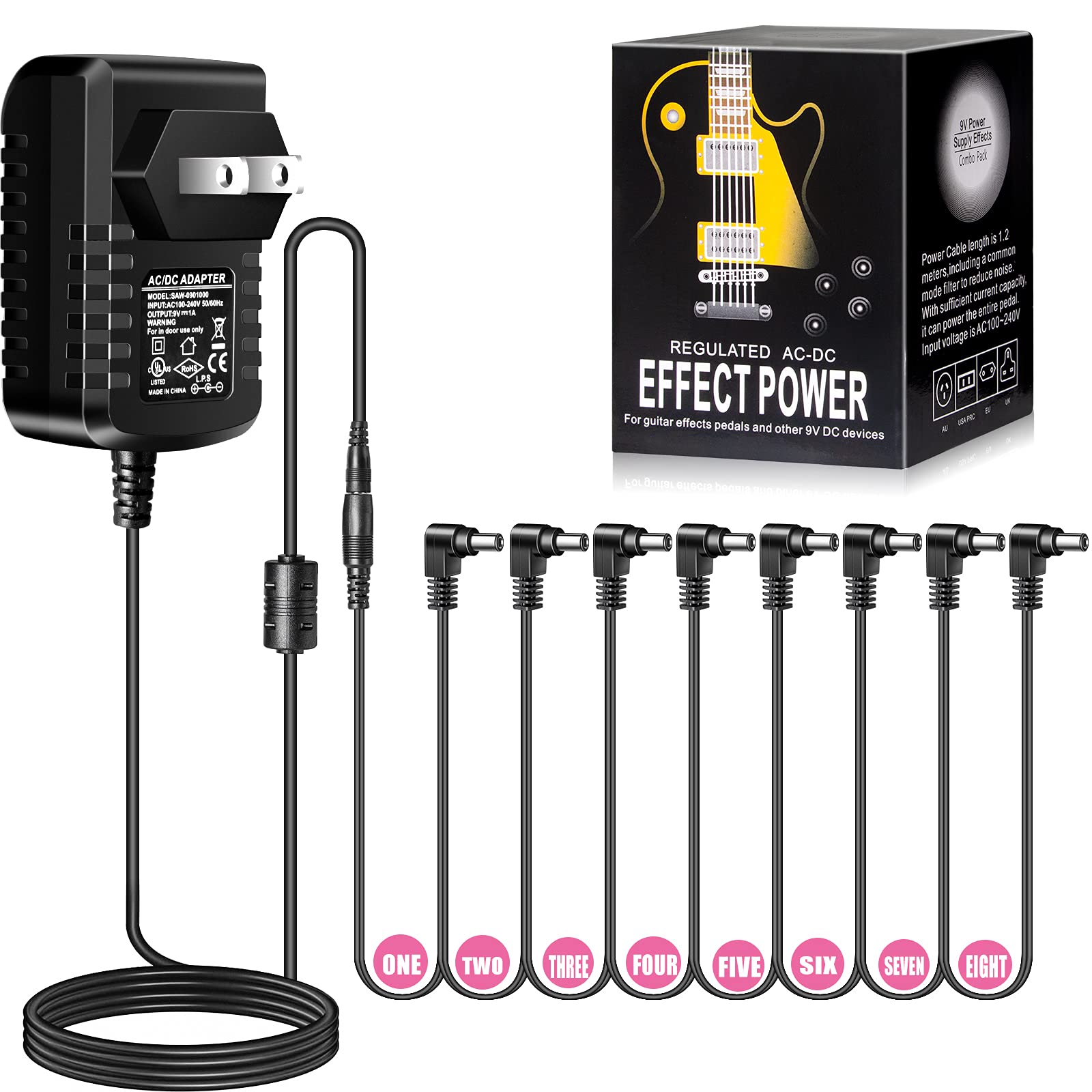 Pigtone Guitar Pedal Power Supply Adapter 9V DC 1A(1000mA) Tip Negative 8 Way Daisy Chain Cables for Effect Pedal