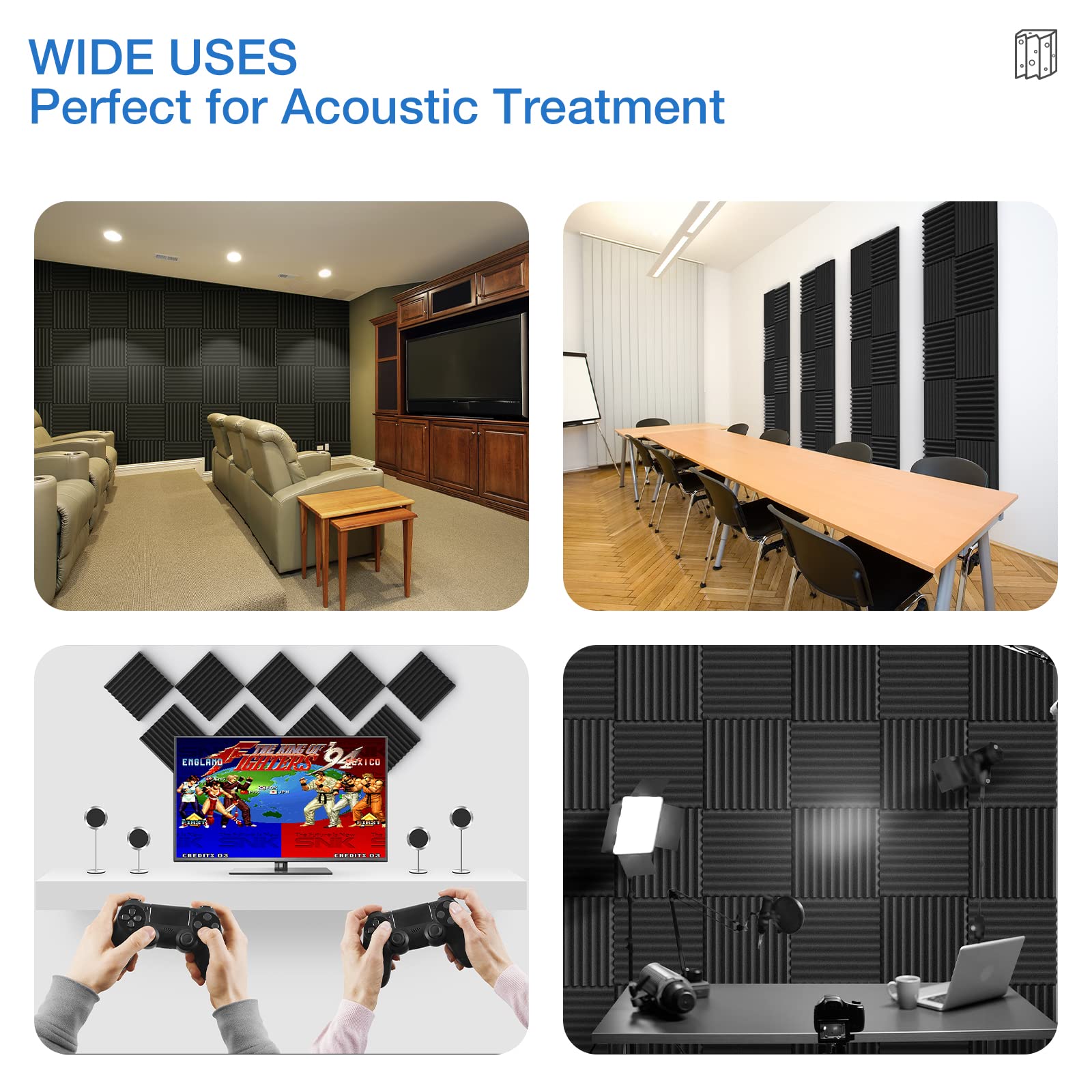 12 Pack Acoustic Panels Self-Adhesive, 1'' X 12'' X 12'' Quick-Recovery Sound Proof Foam Panels, Acoustic Foam Wedges High Densi