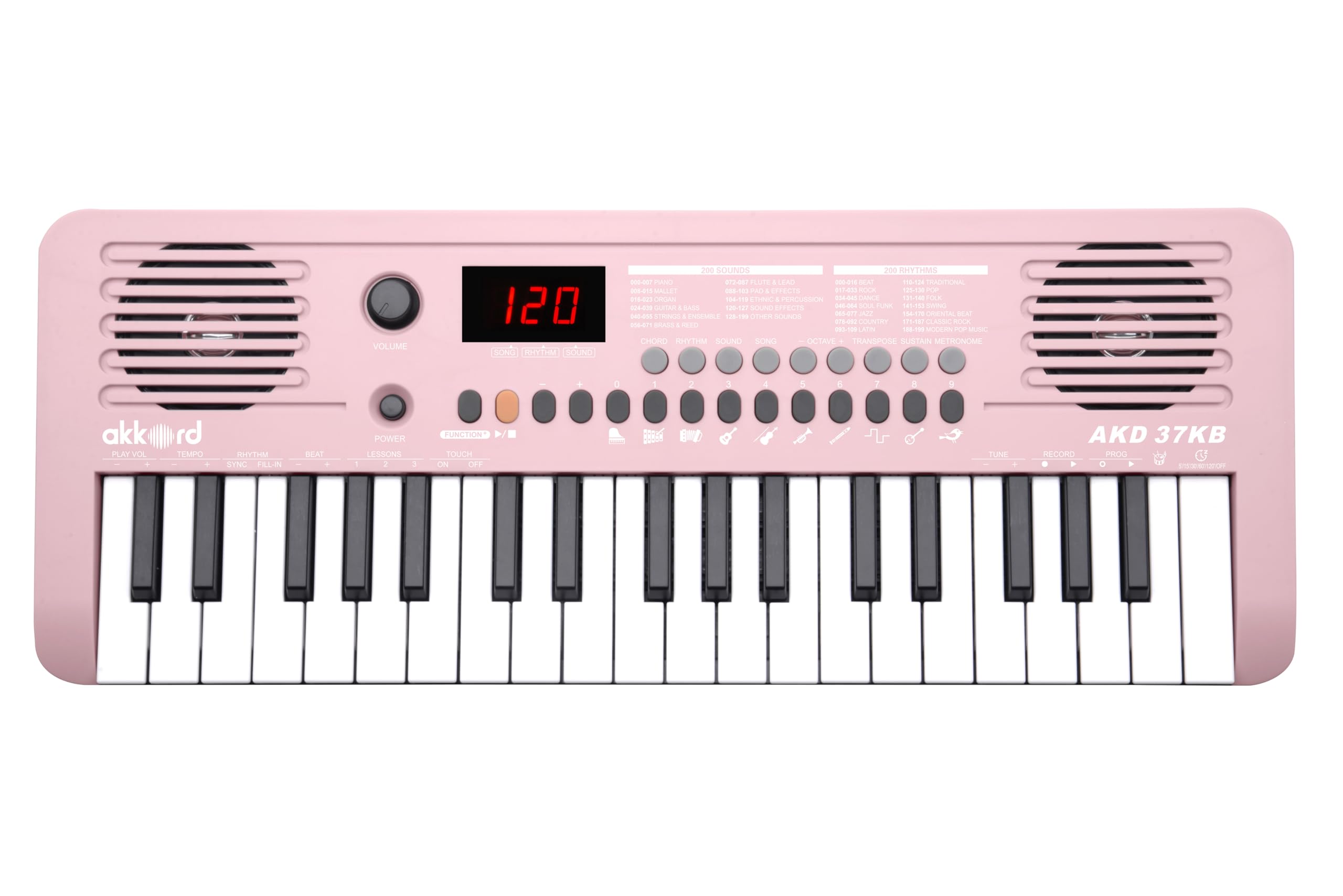 Akkord 37 Keys Music Keyboard  Pink Edition | Midi Usb-C, Touch Response, 200 Rhythms,Tones & 40 Demos, Led Display, Portable Be