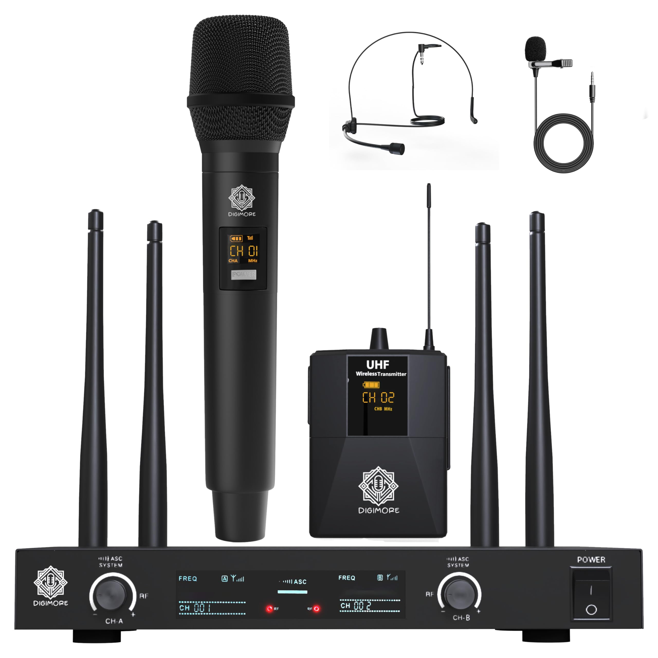 Digimore Uhf Wireless Microphone System W 4 Antennas | 60 Channels | 328Ft Range | Xlr Bal & 6.35Mm Unbal Outs | For Home Karaok