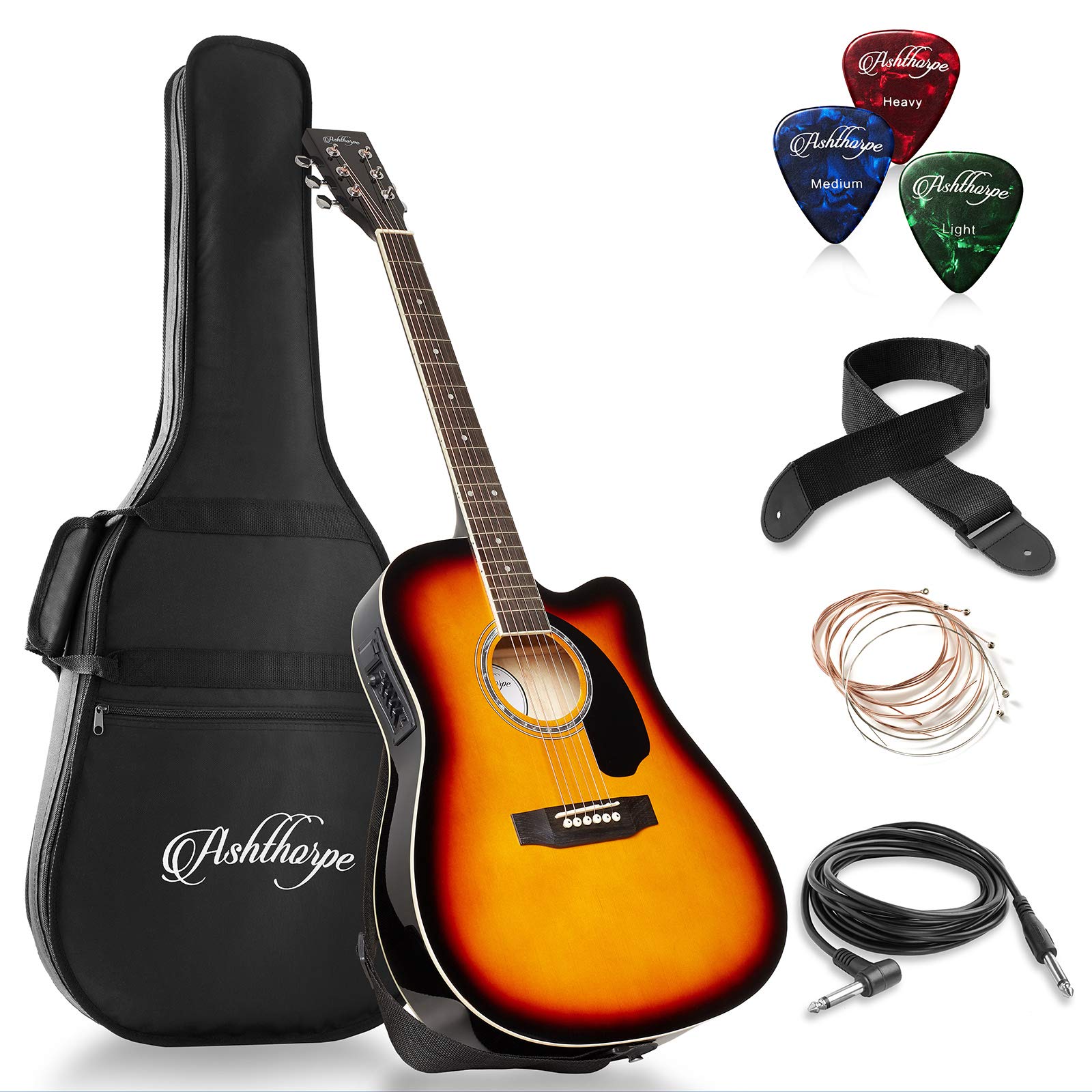 Ashthorpe Full-Size Cutaway Thinline Acoustic-Electric Guitar Package - Premium Tonewoods - Sunburst
