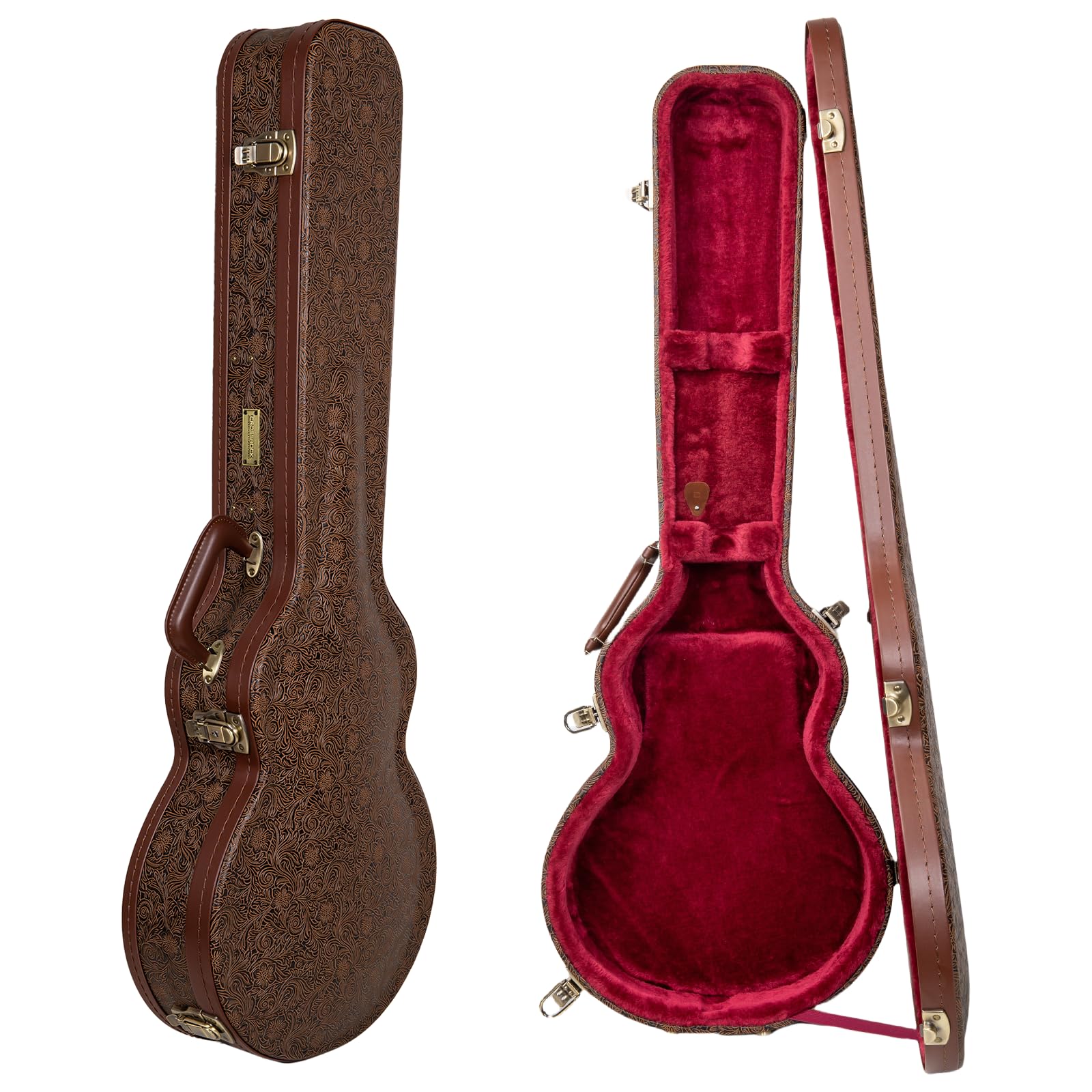 Crossrock Wooden Les Paul Guitar Case | Blossom Brown Finish, Burgundy Velvet Interior, Lock - Designer Series