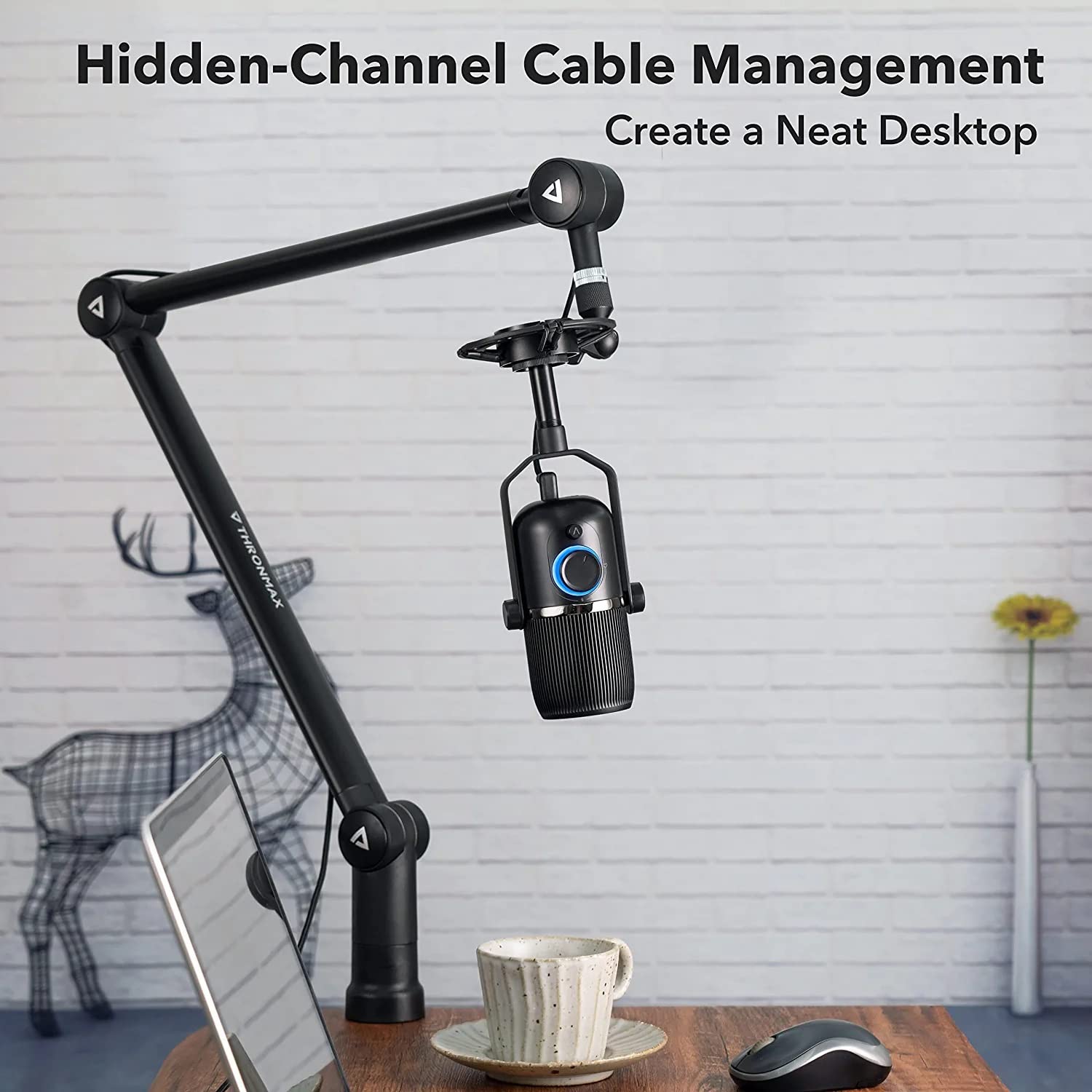 Boom Arm Microphone Stand, THRONMAX S3 Adjustable 360 Rotatable Microphone Arm, Mic Arm Desk, Built-in Cable Management For Reco