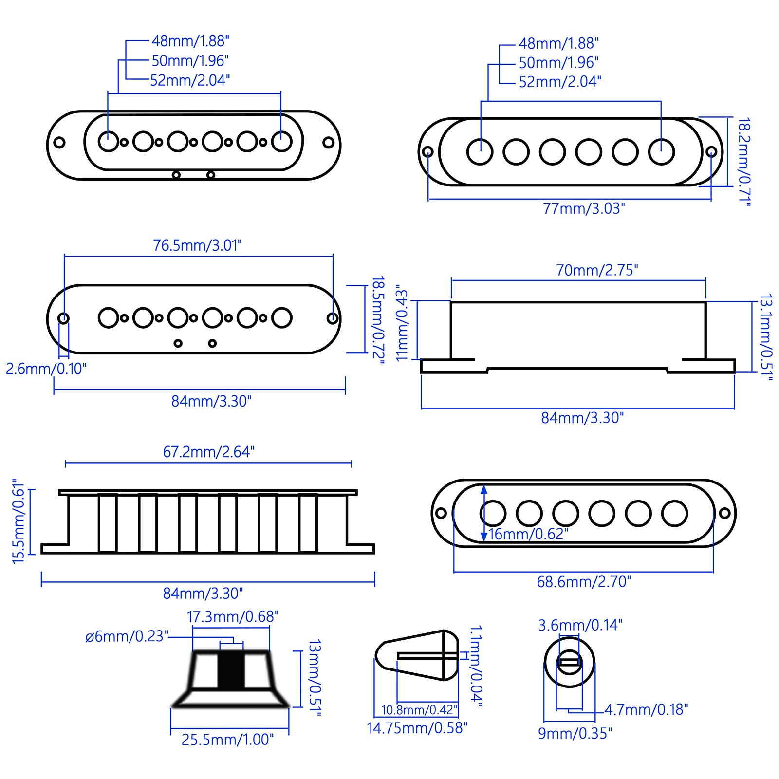 Unxuey 48mm 50mm 52mm Pickup Cover with Volume and Tone Knobs Switch Cap Kit for SQ ST Electric Guitar (Black)