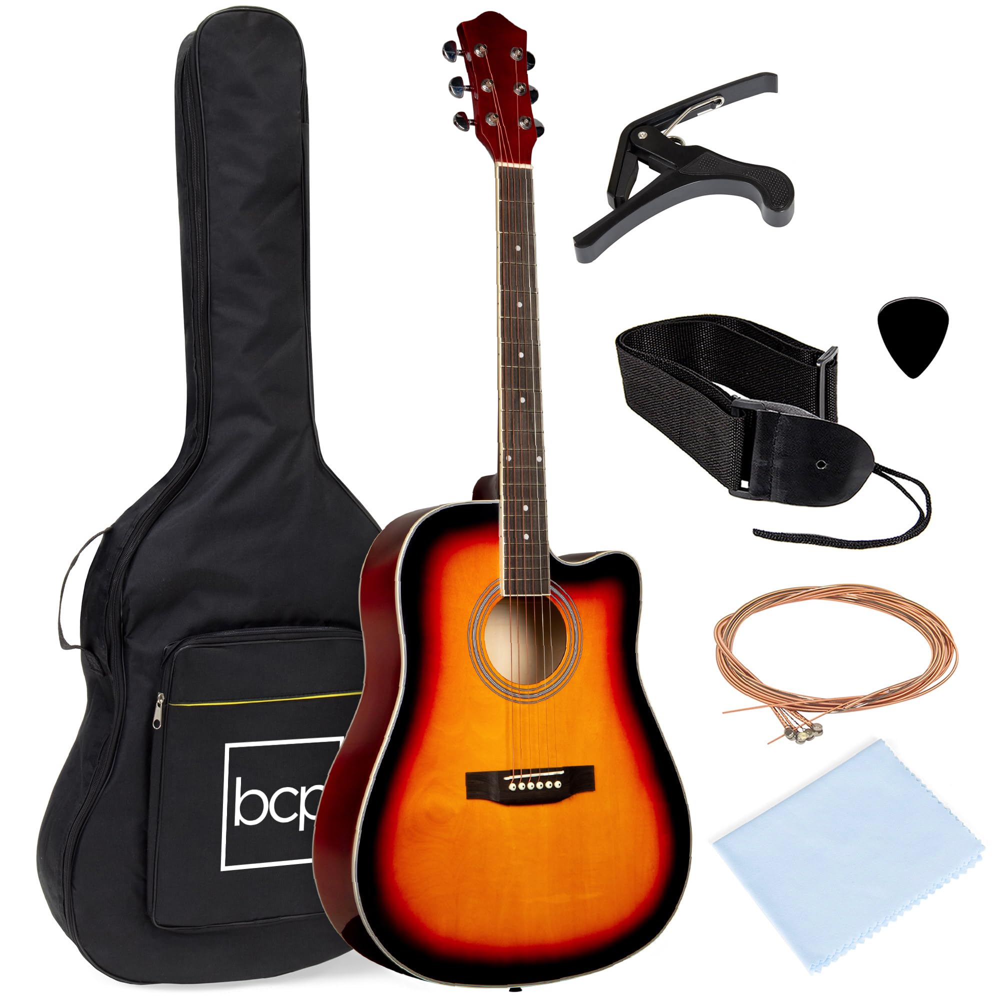 Best Choice Products 41In Beginner Acoustic Guitar Full Size All Wood Cutaway Guitar Starter Set Bundle With Case, Strap, Capo,