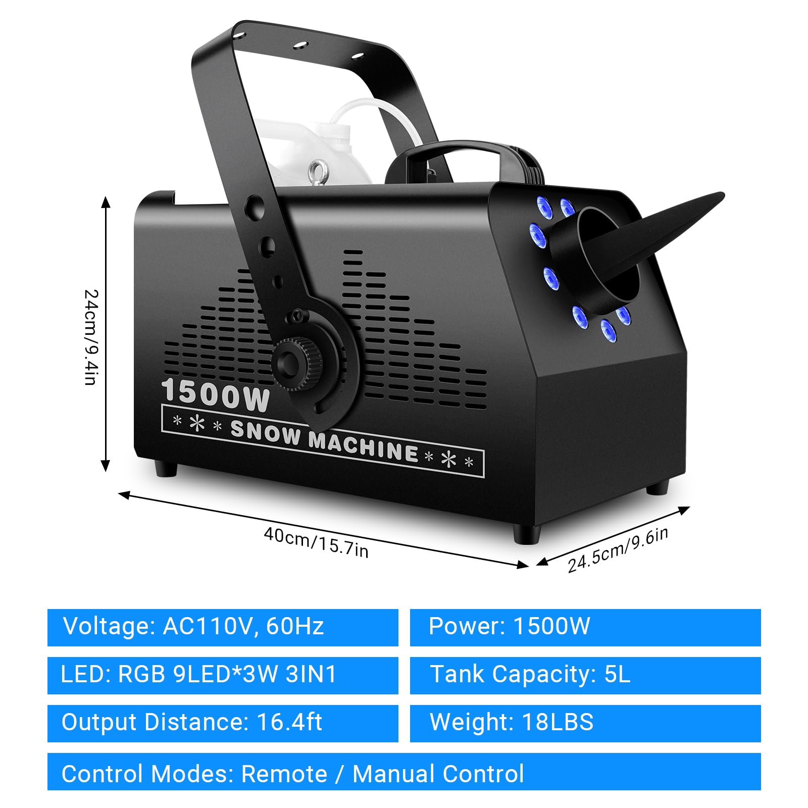 Snow Machine with 9LEDs Light for Party - YeeSite 1500W Snow Making Machine with 7 Color Lights Effect Snowflake Maker Remote Co