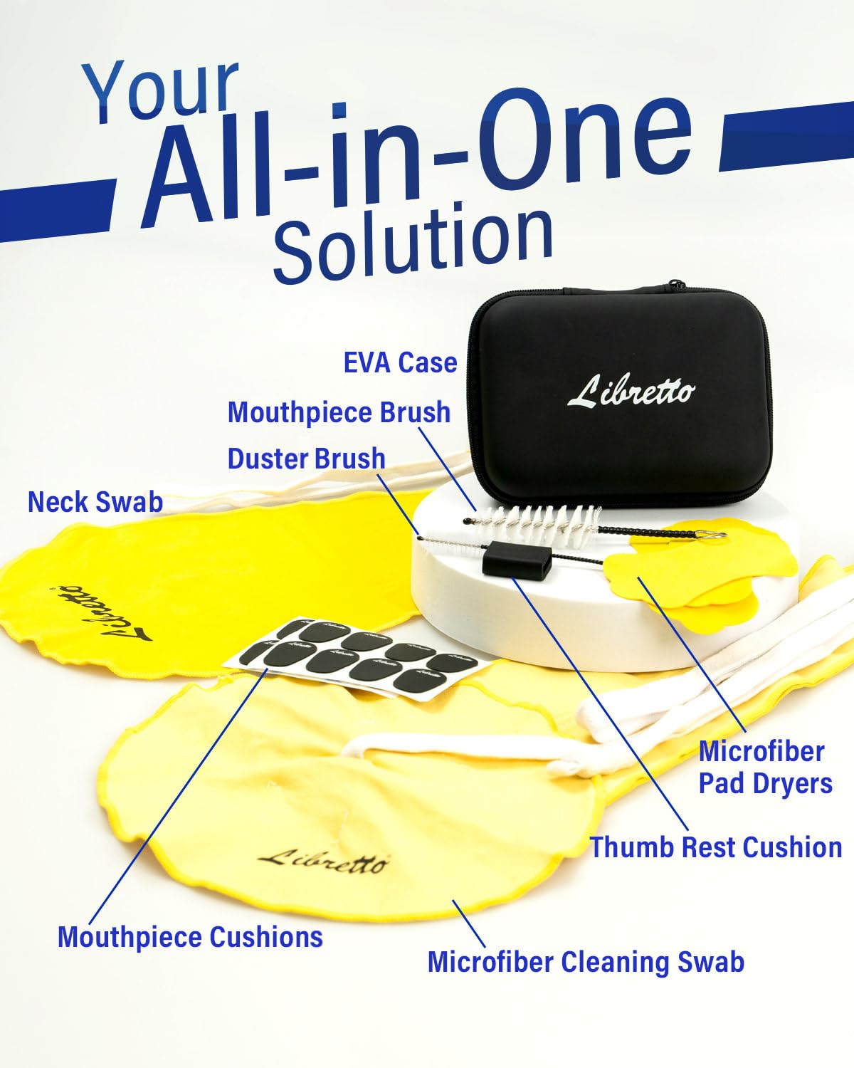 Libretto Alto Saxophone Cleaning Kit with EVA Case, Including 2 Microfiber Cleaning Swabs, 16 Mouthpiece Cushions, Mouthpiece Br