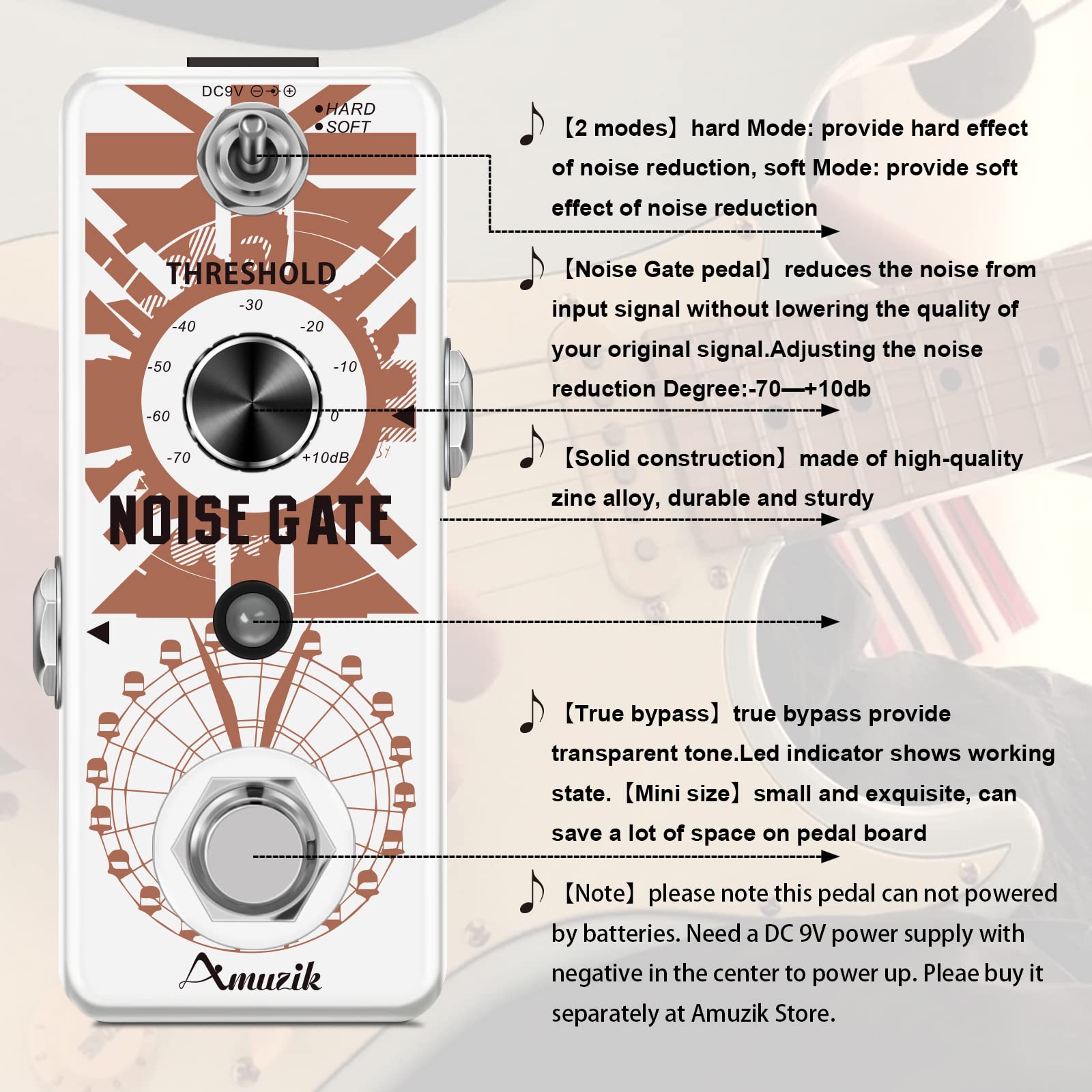 Amuzik Guitar Noise Gate Effect Pedal Noiser Killer Pedals for Electric Guitar Cleaner Noise Gate Suppressor Effect Pedal Full M
