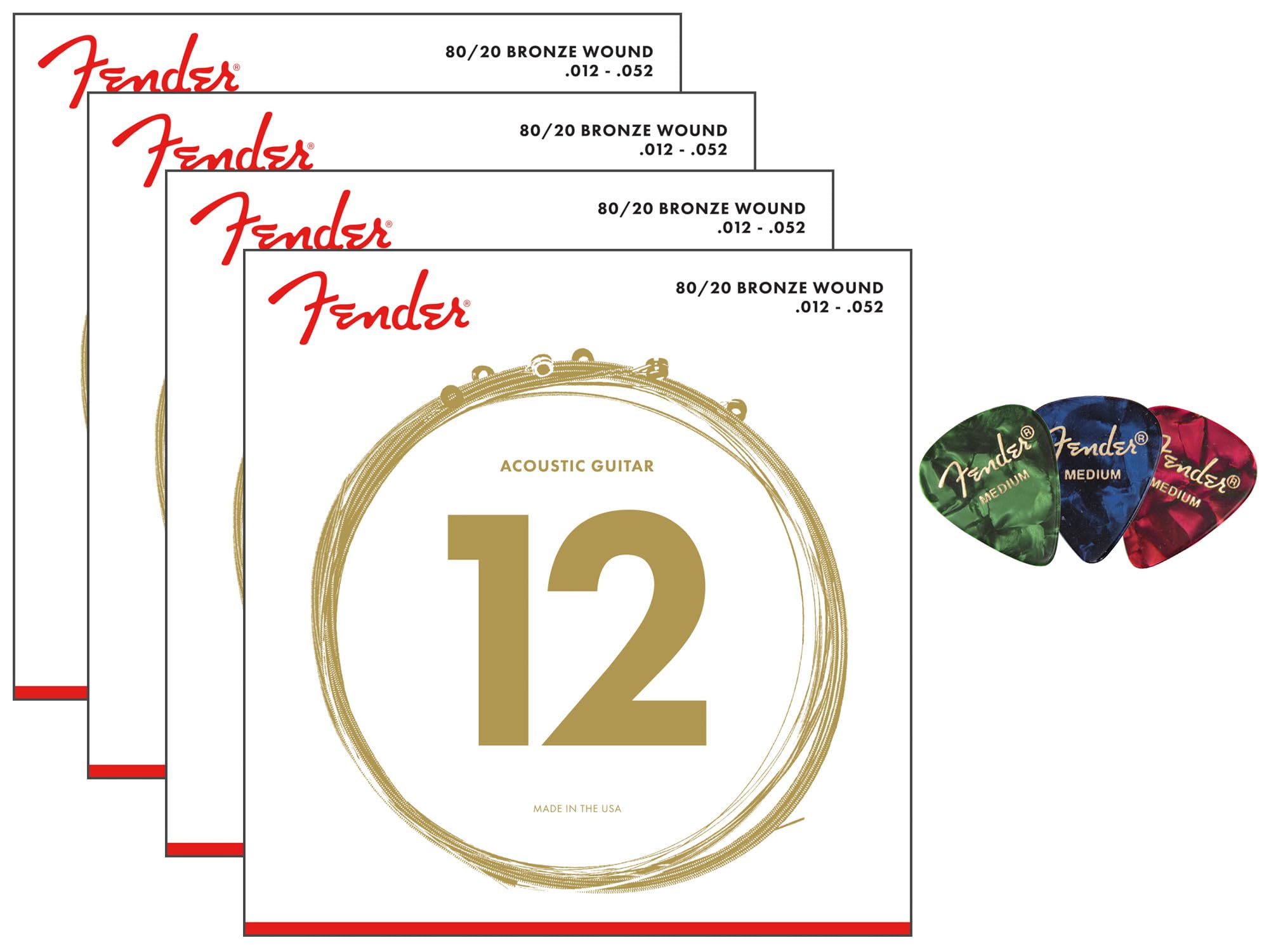 Fender 80/20 Bronze Acoustic Guitar Strings, Ball End, Light, .012-.052, 4-Pack Bundle with 3-Pack Fender Guitar Picks