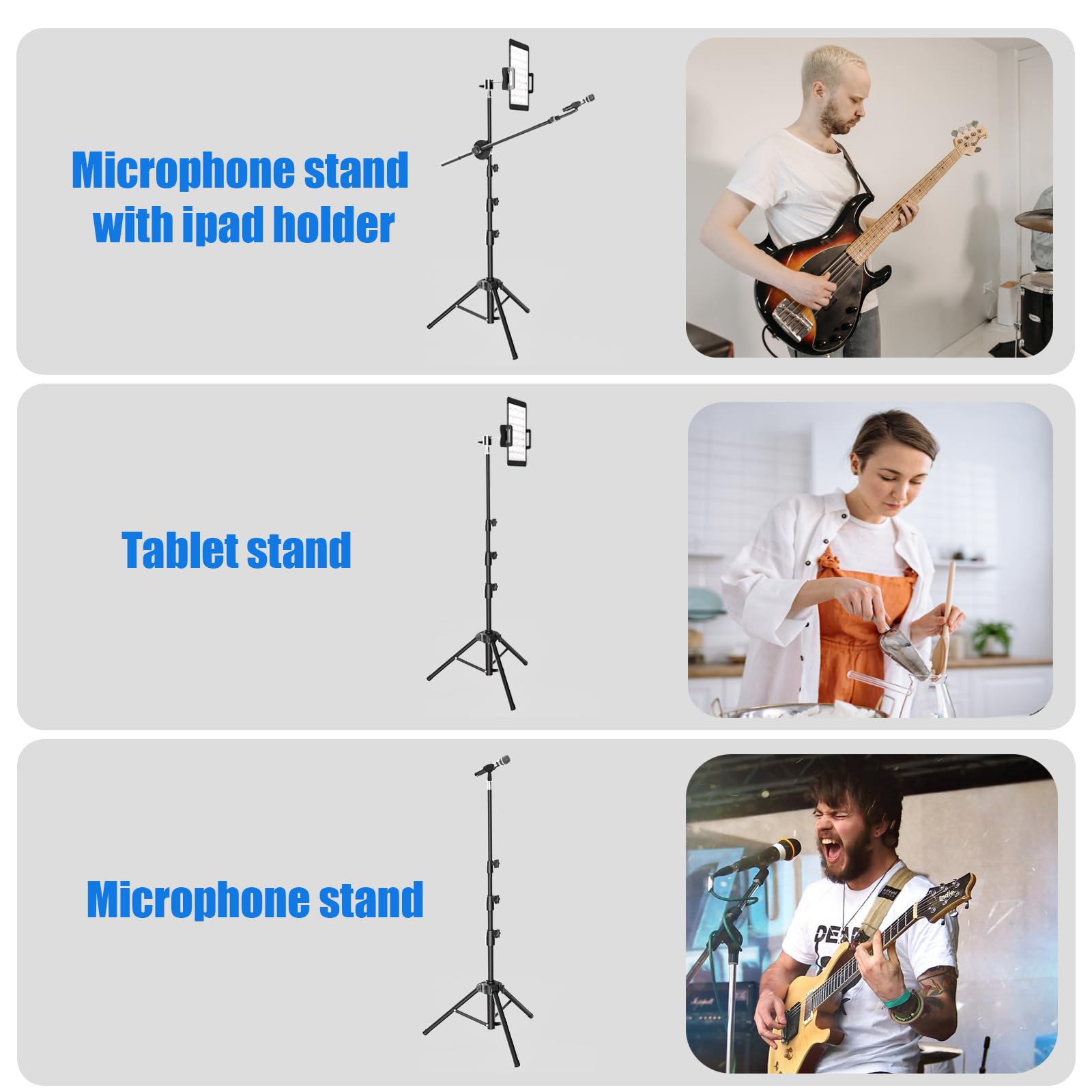 Kereal Microphone Stand Floor Boom Mic Stand with 360 Ball Head Tablet Holder, Two Mic Clips for Singing, Portable Mic stands Ad